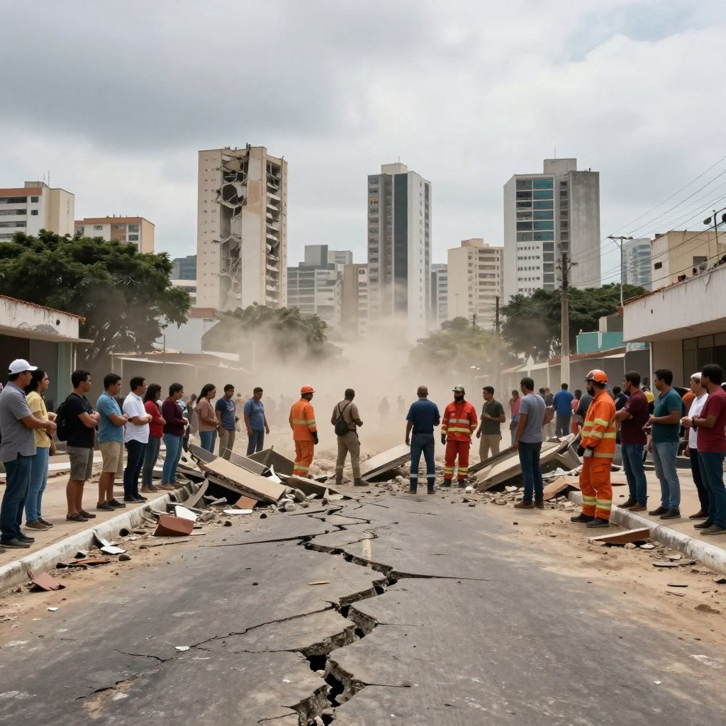 A dramatic scene depicting the impact of earthquakes on the Brazilian landscape in the current context. In the foreground, cracks in the ground and fallen debris from buildings illustrate destruction, with a focus on a fissured road. The middle ground shows emergency response teams in professional uniforms assessing the damage, surrounded by onlookers in modest casual clothing, conveying a sense of urgency and concern. In the background, a city skyline is partially obscured by dust and debris, with towering buildings showing structural damage against a cloudy sky. The atmosphere is somber yet hopeful, with soft, diffused lighting capturing the tension and resilience of the affected community. A wide-angle lens enhances the scene’s depth and scale, emphasizing the gravity of the situation. A dramatic scene depicting the impact of earthquakes on the Brazilian landscape in the current context. In the foreground, cracks in the ground and fallen debris from buildings illustrate destruction, with a focus on a fissured road. The middle ground shows emergency response teams in professional uniforms assessing the damage, surrounded by onlookers in modest casual clothing, conveying a sense of urgency and concern. In the background, a city skyline is partially obscured by dust and debris, with towering buildings showing structural damage against a cloudy sky. The atmosphere is somber yet hopeful, with soft, diffused lighting capturing the tension and resilience of the affected community. A wide-angle lens enhances the scene’s depth and scale, emphasizing the gravity of the situation.