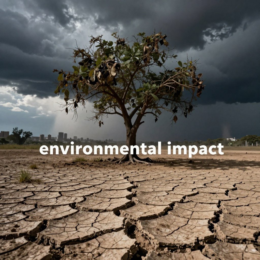 A dramatic scene illustrating "environmental impact" in the context of climate change, with a cracked earth surface in the foreground, highlighting drought conditions with parched soil and sparse vegetation. In the middle ground, a distressed tree struggles to survive, its leaves wilted and branches bare. The background features an ominous sky filled with dark, swirling storm clouds, indicating the threat of severe weather events. A distant silhouette of a cityscape can be seen, partially engulfed by an impending flood. The lighting is chiaroscuro, with striking contrasts between light and shadow, creating a tense atmosphere that evokes urgency and concern. The composition is shot from a low angle, emphasizing the scale of environmental degradation. The overall mood is somber and haunting, drawing attention to the urgent need for climate action. A dramatic scene illustrating "environmental impact" in the context of climate change, with a cracked earth surface in the foreground, highlighting drought conditions with parched soil and sparse vegetation. In the middle ground, a distressed tree struggles to survive, its leaves wilted and branches bare. The background features an ominous sky filled with dark, swirling storm clouds, indicating the threat of severe weather events. A distant silhouette of a cityscape can be seen, partially engulfed by an impending flood. The lighting is chiaroscuro, with striking contrasts between light and shadow, creating a tense atmosphere that evokes urgency and concern. The composition is shot from a low angle, emphasizing the scale of environmental degradation. The overall mood is somber and haunting, drawing attention to the urgent need for climate action.