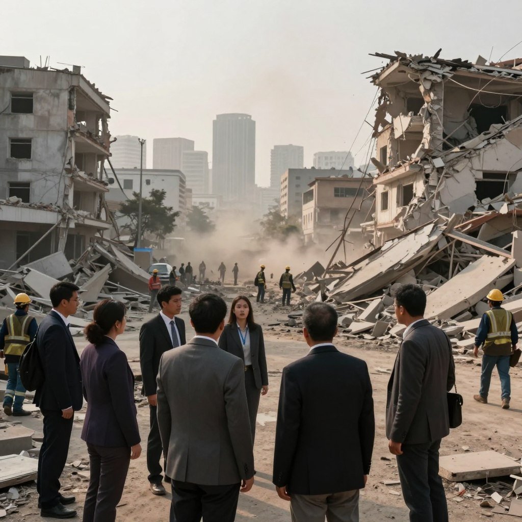 A dramatic scene illustrating the social and economic impacts of earthquakes. In the foreground, a group of people in professional attire examine a devastated urban area, showcasing concern and determination. In the middle, collapsed buildings and debris highlight the destruction caused by the earthquake, while workers in helmets clear wreckage. In the background, a skyline partially obscured by dust and smoke adds to the atmosphere of chaos. Soft, diffused lighting simulates a late afternoon, casting long shadows that enhance the somber mood. The image conveys a sense of urgency and recovery, emphasizing resilience in the face of disaster.