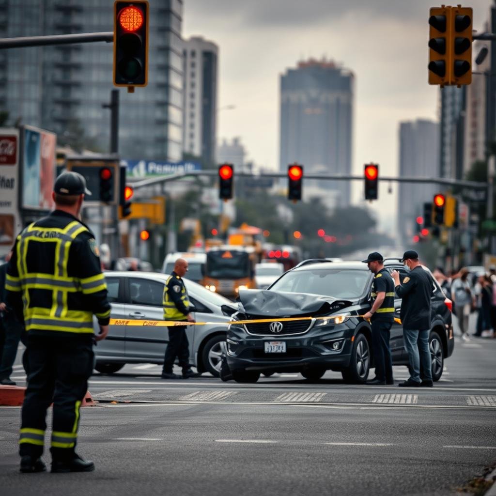 A dramatic scene of a traffic accident on a busy urban road, featuring two vehicles that have collided at an intersection. In the foreground, emergency responders in professional attire are attending to the situation, showing concern and focus. In the middle ground, the damaged vehicles are depicted with caution tape around them, and onlookers observing from a safe distance. The background reveals a bustling cityscape with blurred traffic signals and buildings under a gray, overcast sky, creating a tense atmosphere. Soft, diffused lighting adds a sense of urgency, while a slightly low angle enhances the drama of the scene. The overall mood conveys the importance of safety protocols and emergency response during tragic events. A dramatic scene of a traffic accident on a busy urban road, featuring two vehicles that have collided at an intersection. In the foreground, emergency responders in professional attire are attending to the situation, showing concern and focus. In the middle ground, the damaged vehicles are depicted with caution tape around them, and onlookers observing from a safe distance. The background reveals a bustling cityscape with blurred traffic signals and buildings under a gray, overcast sky, creating a tense atmosphere. Soft, diffused lighting adds a sense of urgency, while a slightly low angle enhances the drama of the scene. The overall mood conveys the importance of safety protocols and emergency response during tragic events.