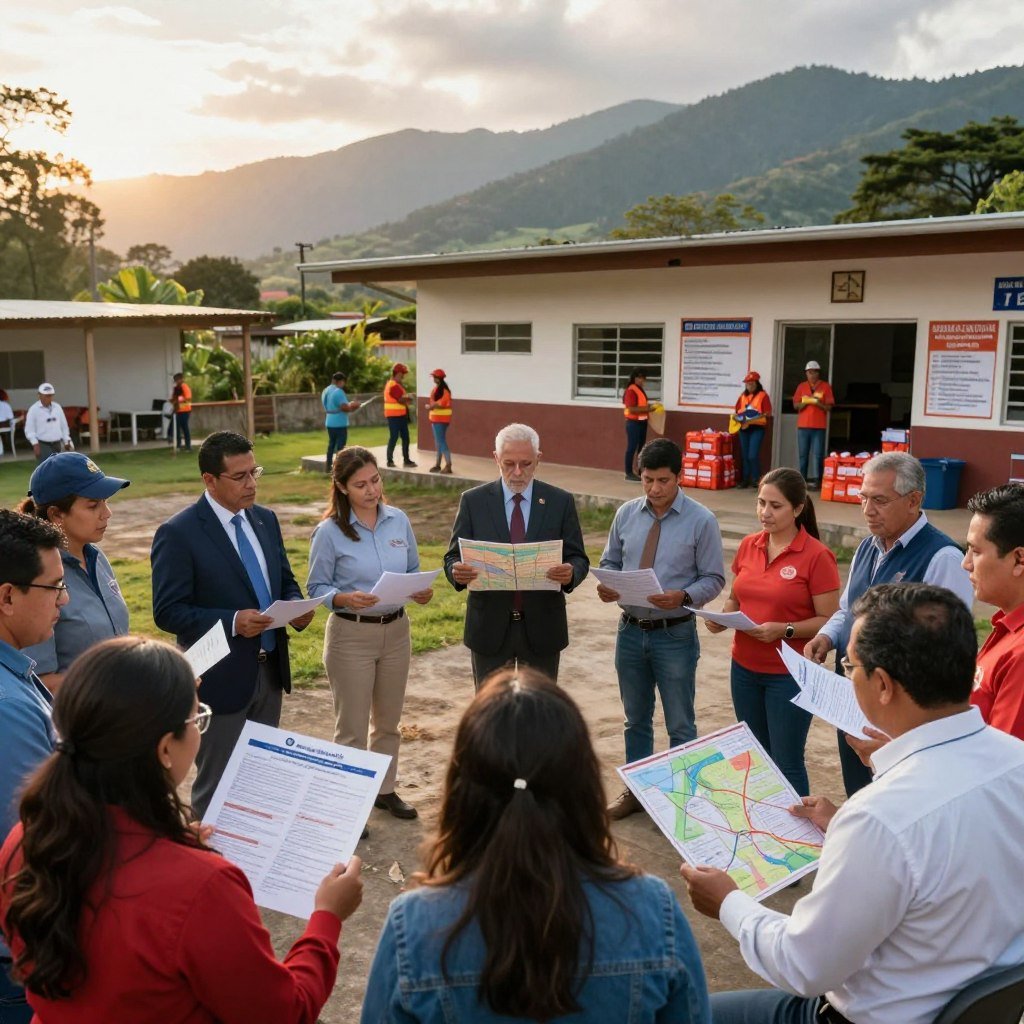 A dramatic scene showcasing a community preparing for natural disaster prevention, emphasizing the importance of earthquake readiness. In the foreground, a diverse group of people in professional attire is gathered, engaging in a safety meeting, holding maps and emergency plans. In the middle ground, a community center is visible, decorated with safety information posters, while volunteers set up emergency supplies. The background features a serene landscape of Venezuelan mountains under a bright, hopeful sky, hinting at resilience. Soft, warm lighting enhances the atmosphere of collaboration and urgency. Capture the mood of determination and preparedness, focusing on community spirit and proactive measures against natural disasters.