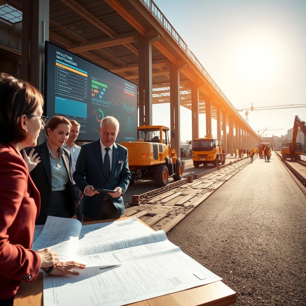 A dynamic construction site scene showcasing public works monitoring in Brazil. In the foreground, a group of professionals in business attire or modest casual clothing is engaged in discussion while examining blueprints and plans on a table. The middle ground features workers operating heavy machinery and laying asphalt on a road, emphasizing active construction. In the background, a large digital screen displays real-time data and updates related to the project, symbolizing transparency. The lighting is bright and clear, simulating midday sun with soft shadows cast by the machinery. The atmosphere is vibrant and industrious, reflecting the collaborative efforts for urban development and investment oversight. A dynamic construction site scene showcasing public works monitoring in Brazil. In the foreground, a group of professionals in business attire or modest casual clothing is engaged in discussion while examining blueprints and plans on a table. The middle ground features workers operating heavy machinery and laying asphalt on a road, emphasizing active construction. In the background, a large digital screen displays real-time data and updates related to the project, symbolizing transparency. The lighting is bright and clear, simulating midday sun with soft shadows cast by the machinery. The atmosphere is vibrant and industrious, reflecting the collaborative efforts for urban development and investment oversight.