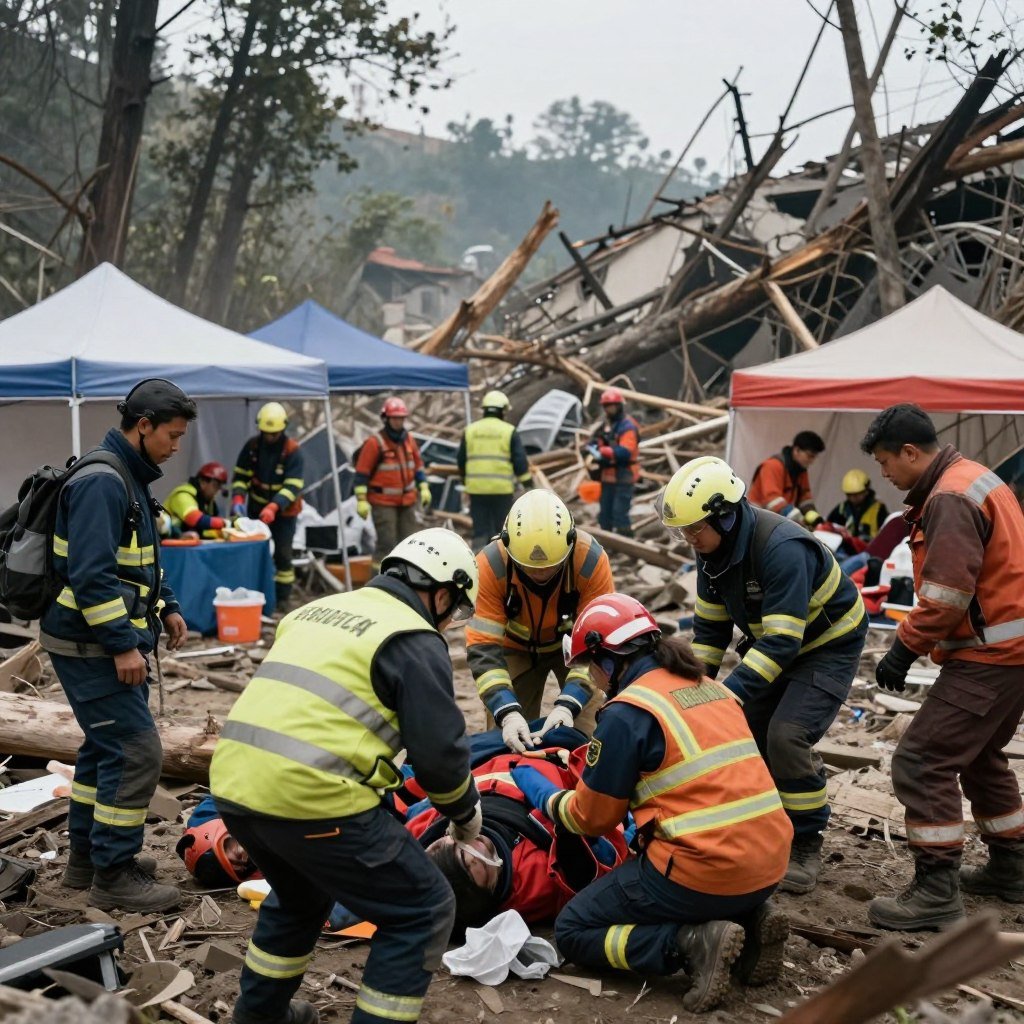 A dynamic emergency response scene set in a natural disaster environment. In the foreground, a group of diverse emergency responders dressed in professional uniforms, including vests and helmets, urgently attending to a disaster victim. In the middle ground, a chaotic but organized rescue operation with medical tents and teams conducting triage. In the background, a scene of natural disaster aftermath, such as a flood or earthquake devastation, with fallen trees and damaged buildings, creating a sense of urgency. Soft yet dramatic lighting to enhance the mood of action and urgency. The image captures the critical moment of immediate response to natural disasters, highlighting teamwork and resilience in the face of adversity. A dynamic emergency response scene set in a natural disaster environment. In the foreground, a group of diverse emergency responders dressed in professional uniforms, including vests and helmets, urgently attending to a disaster victim. In the middle ground, a chaotic but organized rescue operation with medical tents and teams conducting triage. In the background, a scene of natural disaster aftermath, such as a flood or earthquake devastation, with fallen trees and damaged buildings, creating a sense of urgency. Soft yet dramatic lighting to enhance the mood of action and urgency. The image captures the critical moment of immediate response to natural disasters, highlighting teamwork and resilience in the face of adversity.