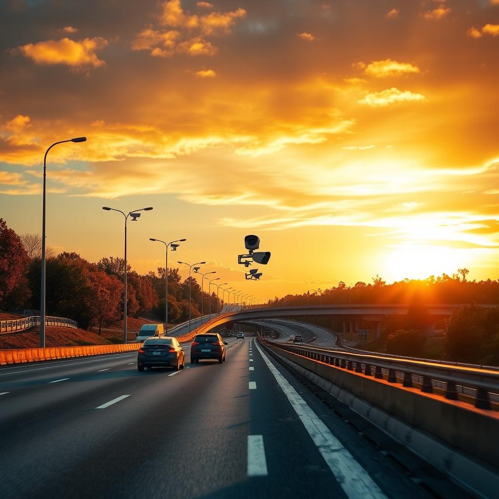 A dynamic highway scene showing advanced surveillance cameras installed along the roads to enhance traffic safety and prevent accidents. In the foreground, a well-maintained road with clear lane markings, where a couple of vehicles drive at a moderate speed. The middle ground features several high-tech cameras mounted on poles, prominently capturing traffic conditions. The background displays a vibrant sunset sky, casting warm golden and orange hues over the landscape, with trees and an overpass visible in silhouette. The lighting creates a hopeful and vigilant atmosphere, suggesting the positive impact of surveillance on road safety. The angle captures a slight upward perspective, emphasizing the importance of technology in accident prevention, all while ensuring a serene yet alert mood.