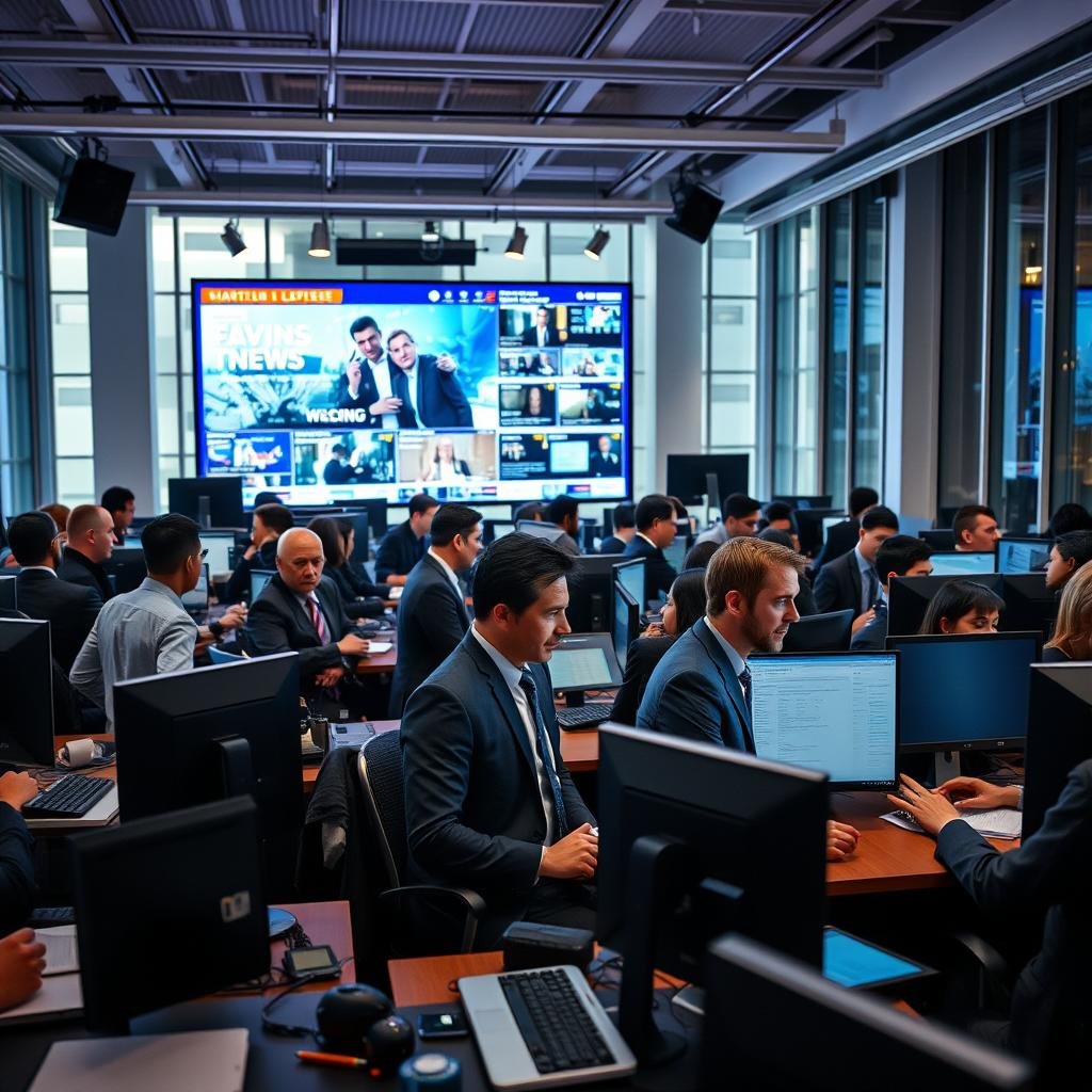 A dynamic newsroom scene filled with journalists and editors actively working to report the latest news. In the foreground, a diverse group of professionals in business attire, focused on their computers and tablets, eagerly updating digital news feeds. The middle ground features a large digital screen displaying real-time news updates, illuminated with bright colors to convey urgency. The background showcases a modern office environment with sleek design elements, large windows allowing natural light to flood in, creating a vibrant atmosphere. Soft, diffused lighting highlights the engaged expressions of the team, evoking a sense of urgency and collaboration around the evolution of journalism in the age of instant information. The camera angle is slightly tilted for a dynamic perspective, emphasizing the fast-paced nature of news reporting.