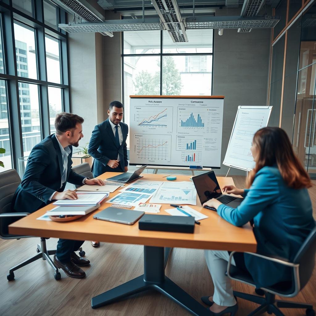 A dynamic, professional setting illustrating "risk analysis and contingency planning" related to operational downtime. In the foreground, a diverse team of four professionals, dressed in smart business attire, engage in a strategic discussion around a large table filled with charts, diagrams, and laptops. The middle ground shows a whiteboard displaying risk assessment graphs and contingency plans, emphasizing collaboration and critical thinking. The background reveals a modern office environment with large windows allowing natural light, casting a warm and focused atmosphere. Use a wide-angle lens to capture the scene's depth, highlighting the intensity of the group's interaction and the importance of planning. The mood is one of determination and professionalism, evoking a sense of urgency and insight. A dynamic, professional setting illustrating "risk analysis and contingency planning" related to operational downtime. In the foreground, a diverse team of four professionals, dressed in smart business attire, engage in a strategic discussion around a large table filled with charts, diagrams, and laptops. The middle ground shows a whiteboard displaying risk assessment graphs and contingency plans, emphasizing collaboration and critical thinking. The background reveals a modern office environment with large windows allowing natural light, casting a warm and focused atmosphere. Use a wide-angle lens to capture the scene's depth, highlighting the intensity of the group's interaction and the importance of planning. The mood is one of determination and professionalism, evoking a sense of urgency and insight.
