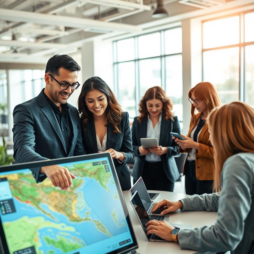 A dynamic scene depicting a diverse group of professionals focused on interactive maps, set in a modern office environment. In the foreground, a well-dressed man and woman collaborate over a digital screen displaying a colorful, engaging interactive map. They examine various map layers and symbols, emphasizing teamwork and problem-solving. In the middle ground, additional team members gather around a round table with laptops and smartphones, exchanging ideas and insights about overcoming common challenges in map creation. The background showcases a bright, open office with large windows, allowing natural light to flood in, creating a productive atmosphere. The overall mood is collaborative and innovative, highlighting the potential of technology in mapping.