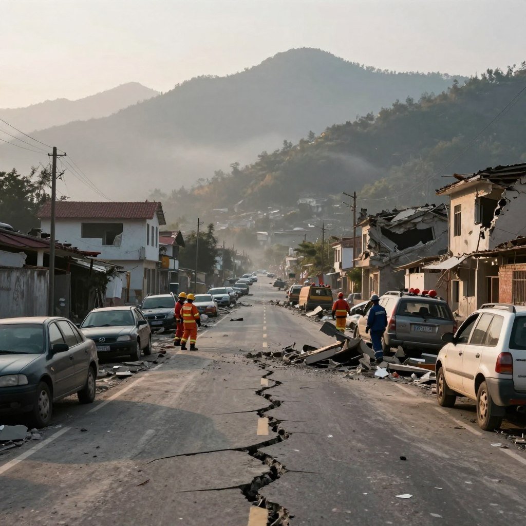 A dynamic scene illustrating the impact of earthquakes, featuring a split landscape. In the foreground, show a cracked road with debris and overturned vehicles, symbolizing destruction. In the middle ground, depict a small town with damaged buildings, some with visible structural failures, and emergency responders in professional attire assessing the scene. In the background, add mountains shrouded in mist to provide a dramatic contrast. The lighting should be soft, with a golden hour glow to evoke a somber yet hopeful mood. Use a wide-angle lens perspective to enhance the scale and intensity of the aftermath, creating an immersive atmosphere.