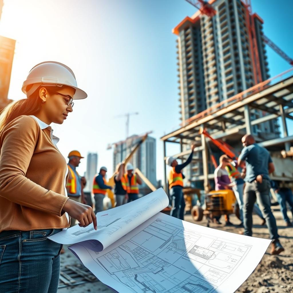 A dynamic scene of skilled construction workers in a modern building site in Brazil, showcasing a diverse group of professionals including men and women of various ethnic backgrounds. In the foreground, a female architect in a hard hat examines blueprints alongside a male engineer pointing at structural designs, both dressed in professional work attire. The middle ground features workers operating machinery, pouring concrete, and raising steel beams, demonstrating teamwork and expertise. In the background, a partially completed high-rise building against a clear blue sky highlights urban architecture. The scene is bathed in warm, natural sunlight, casting soft shadows and creating an atmosphere of industriousness and collaboration, emphasizing the importance of skilled labor in the construction industry.