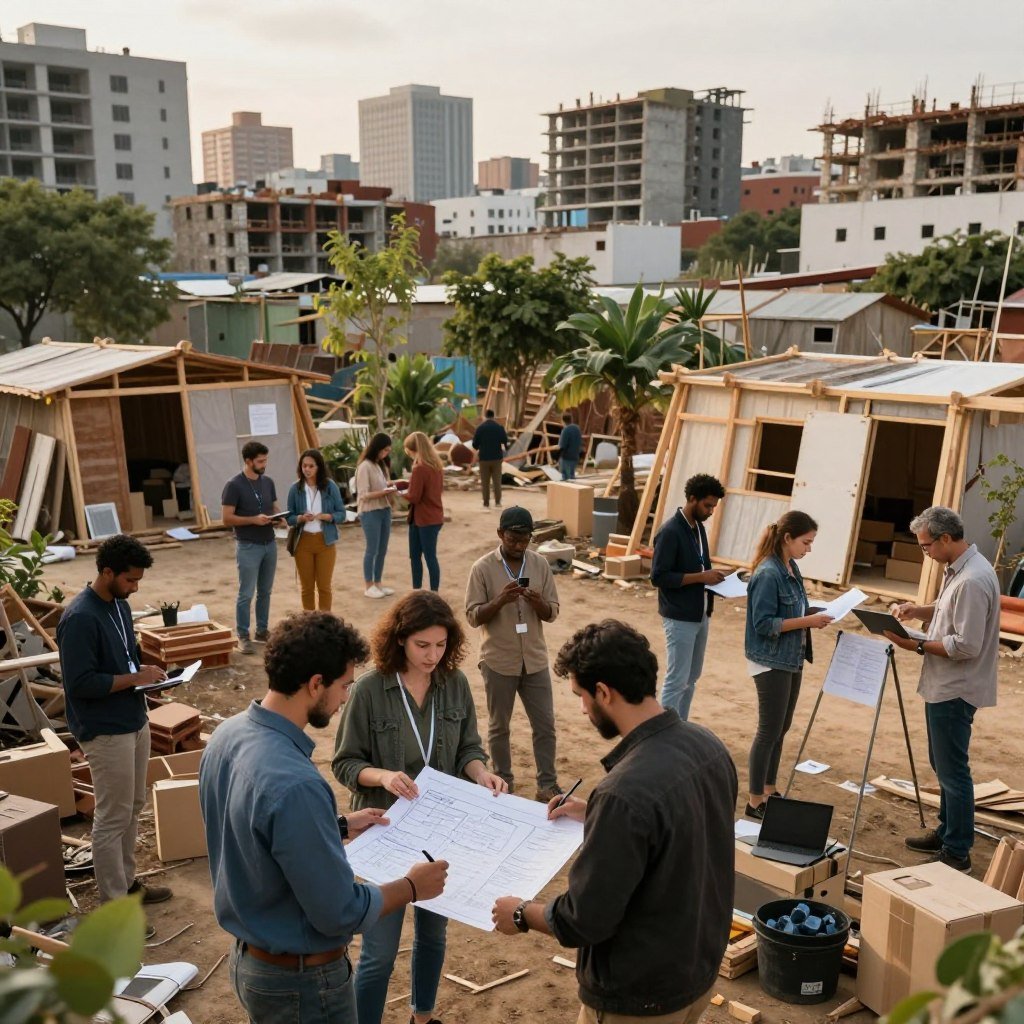 A dynamic urban community scene showcasing resilience after a natural disaster, focusing on a diverse group of people collaborating on rebuilding efforts. In the foreground, depict men and women wearing professional attire and modest casual clothing, actively engaged in planning and organizing recovery resources, using blueprints and laptops. In the middle ground, illustrate makeshift community centers constructed from eco-friendly materials, with trees and plants re-integrated into the urban landscape. The background features a skyline with a mixture of recovered and reconstructed buildings, demonstrating architectural renewal. Soft, warm lighting bathes the scene in a hopeful atmosphere, emphasizing teamwork and determination. The angle is slightly elevated, capturing the scope of collaboration while maintaining an intimate focus on community spirit and innovation. A dynamic urban community scene showcasing resilience after a natural disaster, focusing on a diverse group of people collaborating on rebuilding efforts. In the foreground, depict men and women wearing professional attire and modest casual clothing, actively engaged in planning and organizing recovery resources, using blueprints and laptops. In the middle ground, illustrate makeshift community centers constructed from eco-friendly materials, with trees and plants re-integrated into the urban landscape. The background features a skyline with a mixture of recovered and reconstructed buildings, demonstrating architectural renewal. Soft, warm lighting bathes the scene in a hopeful atmosphere, emphasizing teamwork and determination. The angle is slightly elevated, capturing the scope of collaboration while maintaining an intimate focus on community spirit and innovation.