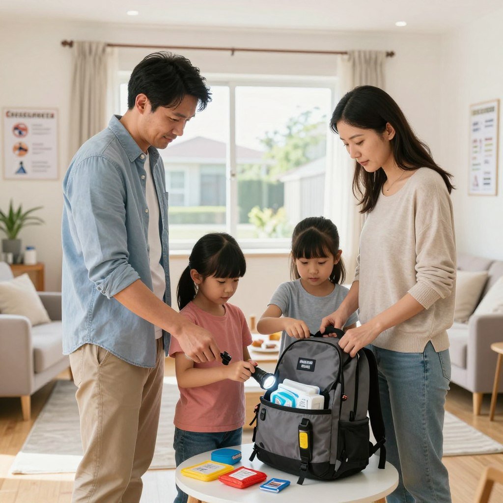 A family of four standing together in a bright, well-organized living room, preparing an emergency earthquake kit. The foreground features the parents, a father in a smart casual shirt and a mother in modest attire, demonstrating teamwork as they pack supplies into a sturdy backpack. The children, dressed appropriately for their age, assist by organizing flashlights and first aid items. In the middle ground, a large window showcases a sunny day outside, while an open floor plan with clear safety plans and instructional charts on the walls emphasizes preparedness. The lighting is soft and inviting, creating a warm yet serious atmosphere. The background hints at a family-friendly neighborhood, offering a sense of community resilience and familial unity.