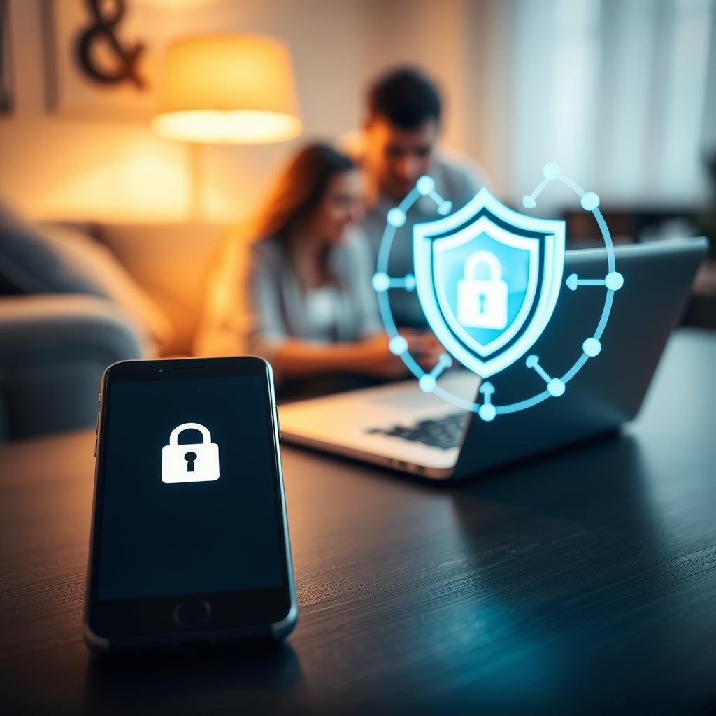A focused and detailed composition illustrating mobile information security. In the foreground, depict a smartphone displaying a secure lock symbol on its screen, highlighting the importance of data protection. The middle ground features a well-lit workspace with a laptop, both devices connected by a glowing digital shield, symbolizing their defense against cyber threats. In the background, blurred silhouettes of family members interacting with various digital devices, suggesting a secure home environment. Use warm, soft lighting to create a welcoming yet vigilant atmosphere. Capture the image from a slightly elevated angle to emphasize the devices and the shield, conveying a sense of safety and modernity while maintaining a clean and professional aesthetic. A focused and detailed composition illustrating mobile information security. In the foreground, depict a smartphone displaying a secure lock symbol on its screen, highlighting the importance of data protection. The middle ground features a well-lit workspace with a laptop, both devices connected by a glowing digital shield, symbolizing their defense against cyber threats. In the background, blurred silhouettes of family members interacting with various digital devices, suggesting a secure home environment. Use warm, soft lighting to create a welcoming yet vigilant atmosphere. Capture the image from a slightly elevated angle to emphasize the devices and the shield, conveying a sense of safety and modernity while maintaining a clean and professional aesthetic.