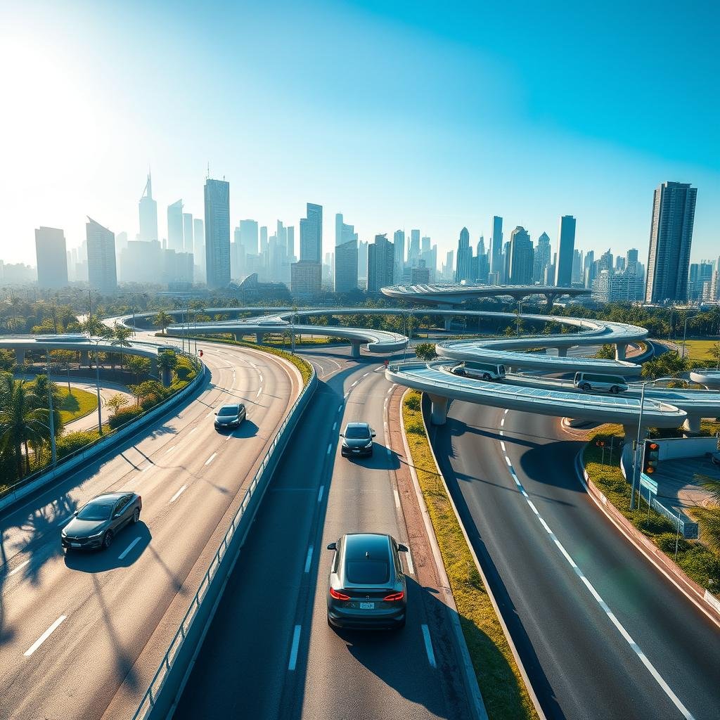 A futuristic Brazilian road network, showcasing advanced infrastructure. In the foreground, modern electric vehicles travel along a multi-lane highway adorned with smart traffic lights and greenery. The middle ground features innovative overpasses and roundabouts, integrated with solar panels and charging stations. The background presents a panoramic view of a vibrant city skyline, dotted with skyscrapers made of glass and steel, under a bright blue sky. Soft sunlight casts long shadows, creating an optimistic and forward-looking atmosphere. A slight lens flare enhances the vision of a sustainable future, inviting viewers to imagine a transformed transportation landscape. The scene is devoid of any human figures, emphasizing the technological advancements in a clean and safe environment. A futuristic Brazilian road network, showcasing advanced infrastructure. In the foreground, modern electric vehicles travel along a multi-lane highway adorned with smart traffic lights and greenery. The middle ground features innovative overpasses and roundabouts, integrated with solar panels and charging stations. The background presents a panoramic view of a vibrant city skyline, dotted with skyscrapers made of glass and steel, under a bright blue sky. Soft sunlight casts long shadows, creating an optimistic and forward-looking atmosphere. A slight lens flare enhances the vision of a sustainable future, inviting viewers to imagine a transformed transportation landscape. The scene is devoid of any human figures, emphasizing the technological advancements in a clean and safe environment.