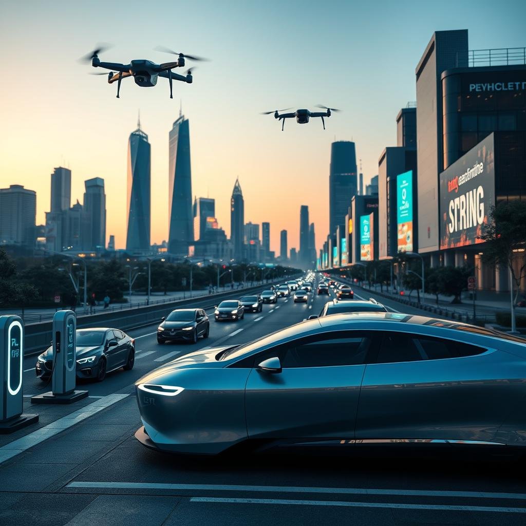 A futuristic cityscape at dusk featuring innovative technology for vehicles. In the foreground, a sleek electric car with a streamlined design parked alongside charging stations equipped with glowing LED displays. The middle ground showcases busy streets with autonomous vehicles intermingling and drones delivering packages overhead. In the background, a skyline of ultra-modern skyscrapers adorned with digital billboards displaying smart transportation solutions. The scene is illuminated by soft neon lights reflecting off the car surfaces, creating a vibrant yet serene atmosphere. A smooth focus captures the dynamic movement of vehicles, while a slightly lowered angle emphasizes the impressive architecture. Overall, the mood feels cutting-edge and optimistic, encapsulating the future of mobility and digital tools. A futuristic cityscape at dusk featuring innovative technology for vehicles. In the foreground, a sleek electric car with a streamlined design parked alongside charging stations equipped with glowing LED displays. The middle ground showcases busy streets with autonomous vehicles intermingling and drones delivering packages overhead. In the background, a skyline of ultra-modern skyscrapers adorned with digital billboards displaying smart transportation solutions. The scene is illuminated by soft neon lights reflecting off the car surfaces, creating a vibrant yet serene atmosphere. A smooth focus captures the dynamic movement of vehicles, while a slightly lowered angle emphasizes the impressive architecture. Overall, the mood feels cutting-edge and optimistic, encapsulating the future of mobility and digital tools.