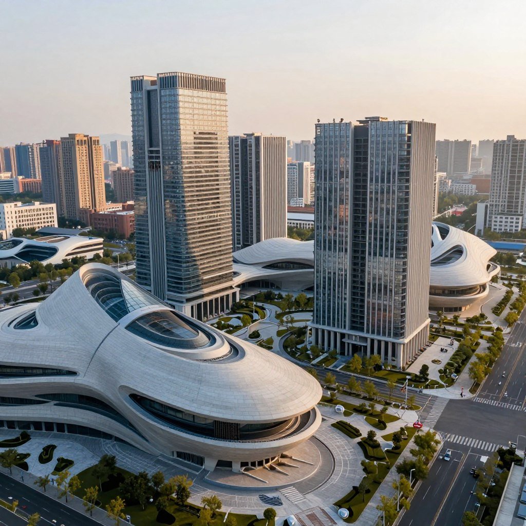 A futuristic urban landscape featuring innovative anti-seismic buildings. In the foreground, close-up view of a sleek, curved structure made of advanced composite materials, showcasing flexibly reinforced concrete. The middle ground displays a cluster of high-rise buildings with integrated shock absorbers and reinforced foundations, surrounded by landscaping that includes trees and pathways designed for stability. In the background, a skyline of modern architecture with some structures resembling wave patterns to symbolize resilience against earthquakes. The scene is bathed in warm, soft natural light, capturing an optimistic atmosphere. The perspective is slightly elevated, giving a comprehensive view of the structural details and the harmonious integration of buildings with nature, reflecting cutting-edge construction technology aimed at earthquake mitigation.