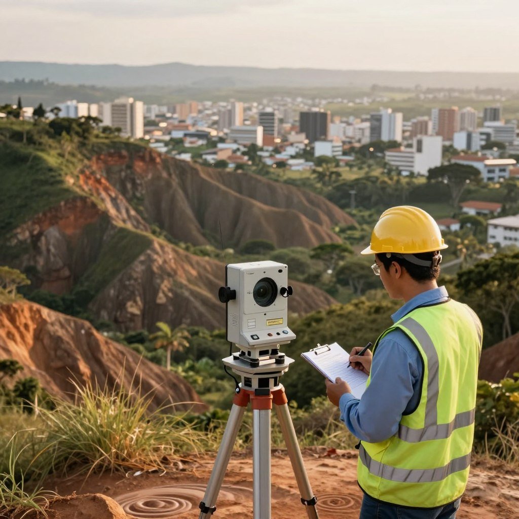 A geological monitoring scene in Brazil showcasing a vibrant landscape, emphasizing the importance of earthquake preparedness. In the foreground, a geologist in professional attire examines a geological monitoring device, taking notes on a clipboard. The middle ground features rugged hills with visible rock formations and scattered vegetation. The background depicts a sprawling Brazilian city, slightly blurred to convey distance, with occasional tremors represented by subtle ground ripples. Soft, natural lighting enhances the scene, suggesting an early morning atmosphere, with a warm glow. The overall mood combines professionalism and urgency, highlighting the significance of monitoring geological activity in the context of earthquake risk management in Brazil.