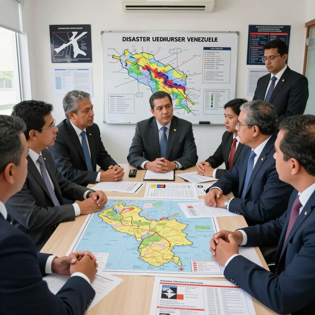 A group of professionals in business attire gathered around a large table, intensely discussing disaster preparedness for earthquakes in Venezuela. In the foreground, detailed maps of the region and emergency response plans are spread out among them. In the middle ground, a large whiteboard displays key diagrams of seismic activity and evacuation routes, with urgent yet focused expressions on the participants’ faces. The background features a well-lit office setting, with charts and earthquake safety materials on the walls. The natural light filters in through a large window, creating a sense of urgency and determination. The atmosphere is serious, reflecting the importance of their mission to enhance response and preparedness strategies for recent seismic events in Venezuela.