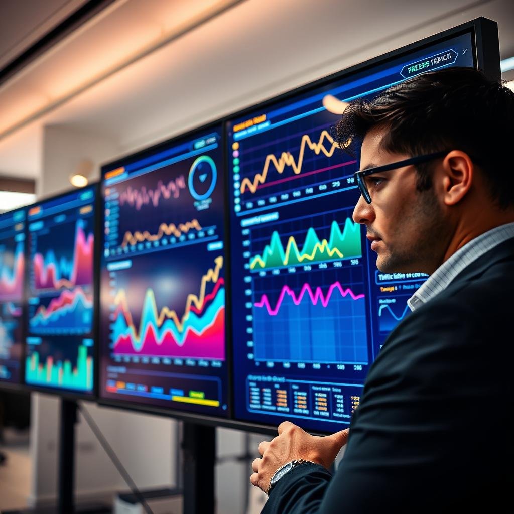 A high-tech digital dashboard displaying real-time traffic data analytics on multiple sleek screens. In the foreground, a professional business analyst, dressed in smart casual attire, is intently studying the data, with graphs and charts reflecting varying traffic sources. In the middle, vibrant, animated graphs indicate live trends and data flows, with eye-catching colors highlighting spikes in traffic acquisition from different sources. The background features a modern office environment with soft, ambient lighting, emphasizing a focus on technology and analysis. The mood is energetic and focused, conveying a sense of urgency and importance in optimizing business strategies through data insights. A wide-angle view captures the entire setup, showcasing both the analyst and the sophisticated dashboard. A high-tech digital dashboard displaying real-time traffic data analytics on multiple sleek screens. In the foreground, a professional business analyst, dressed in smart casual attire, is intently studying the data, with graphs and charts reflecting varying traffic sources. In the middle, vibrant, animated graphs indicate live trends and data flows, with eye-catching colors highlighting spikes in traffic acquisition from different sources. The background features a modern office environment with soft, ambient lighting, emphasizing a focus on technology and analysis. The mood is energetic and focused, conveying a sense of urgency and importance in optimizing business strategies through data insights. A wide-angle view captures the entire setup, showcasing both the analyst and the sophisticated dashboard.