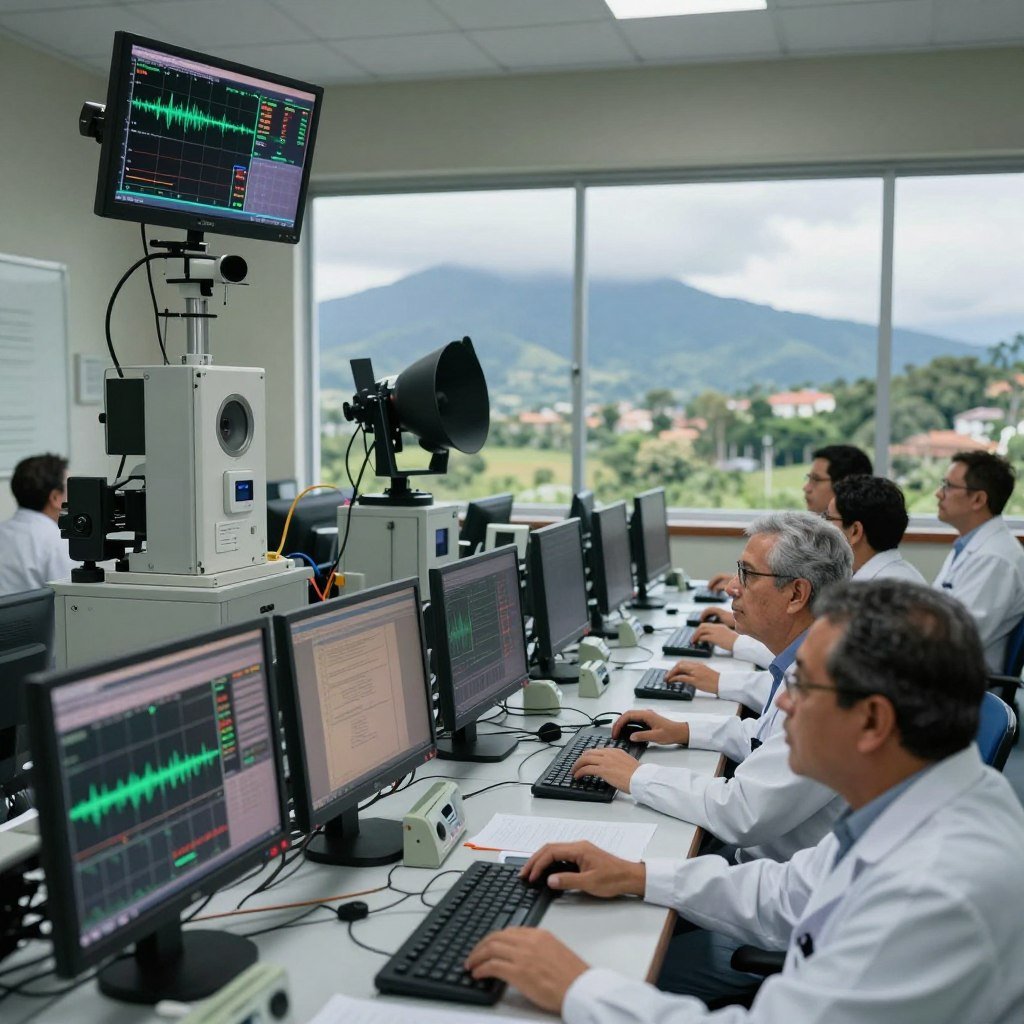 A high-tech earthquake monitoring room set in Venezuela, featuring advanced seismic monitoring equipment such as monitors displaying real-time seismic data and graphs. In the foreground, a team of scientists in professional attire analyzes data on screens, displaying expressions of focus and determination. The middle section includes detailed seismic instruments, like seismographs and GPS devices, connected to computers. The background shows a large window with a view of the Venezuelan landscape, with mountains and clouds, creating a contrast between nature and technology. The room is illuminated by soft, ambient lighting to convey a serious and professional atmosphere, with a slight focus depth to emphasize the equipment while maintaining clarity in the environment.