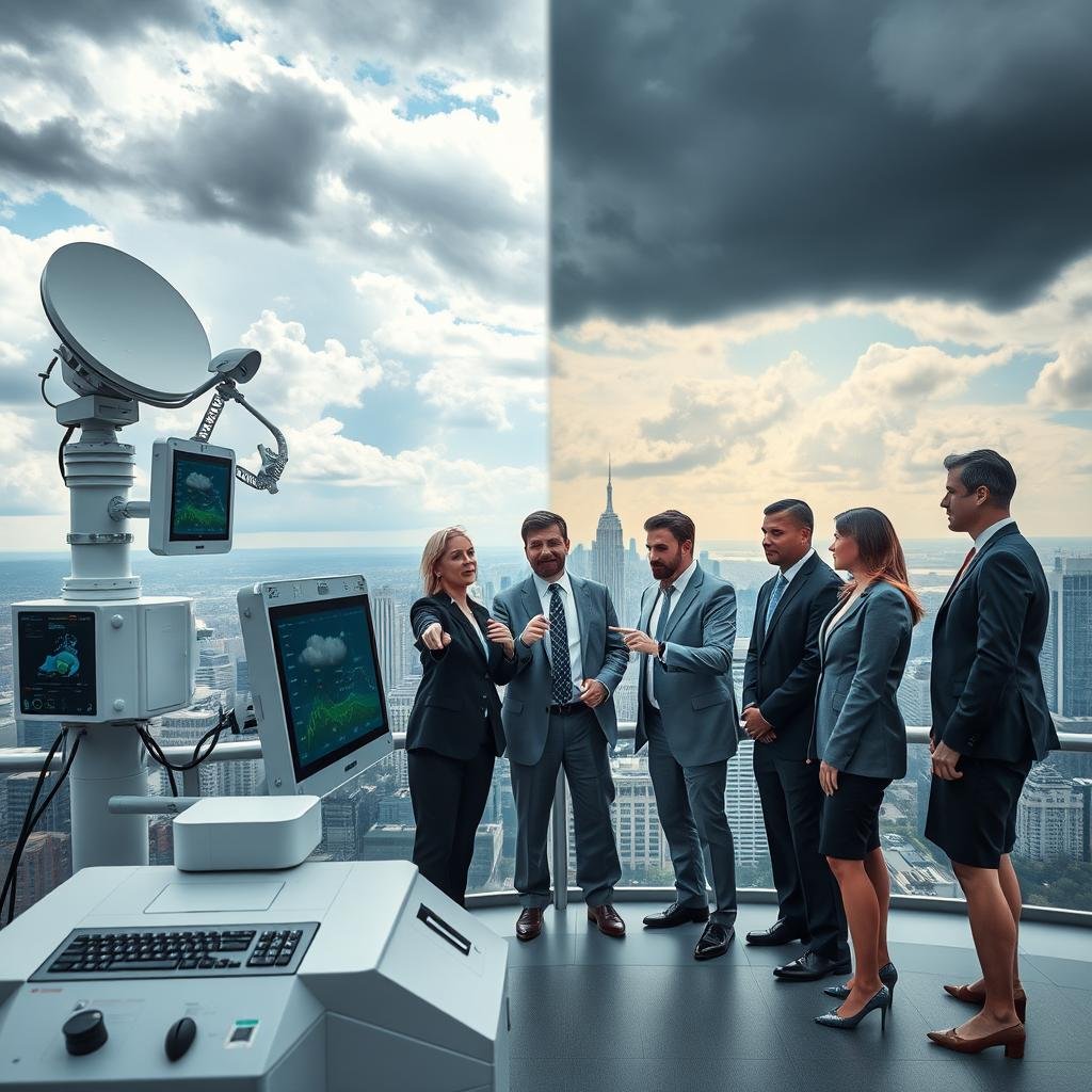 A high-tech weather monitoring station sits prominently in the foreground, featuring sleek instruments such as satellite dishes, radar sensors, and data screens displaying real-time weather data. In the middle ground, a diverse group of professionals in business attire is engaged in discussion, pointing towards the screens, with expressions of focus and determination, symbolizing collaboration in public safety. The background features a panoramic view of a cityscape beneath a dramatic sky, showcasing varying weather conditions—dark clouds on one side and bright sunshine on the other—highlighting the unpredictability of nature. The overall atmosphere conveys a sense of urgency and preparedness, with carefully balanced natural and artificial lighting emphasizing the importance of climate monitoring in disaster prevention. Use a wide-angle lens to capture the expanse and depth of the scene.