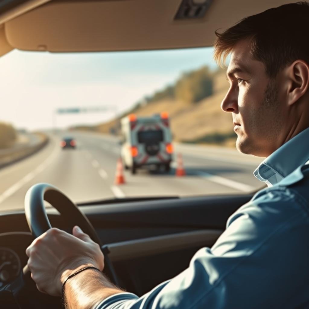 A highway scene depicting a driver handling an emergency situation. In the foreground, a focused driver, wearing professional attire, is seen gripping the steering wheel with a look of determination. In the middle ground, a disabled vehicle with warning lights activated is slightly pulled to the roadside, while flares mark the area. The background features a blurred view of the highway stretching into the distance, with emergency vehicles visible. The lighting is bright and clear, suggesting a sunny day, with a warm, reassuring atmosphere. The camera angle is slightly tilted to enhance the sense of urgency, creating a dynamic composition that evokes awareness and preparedness for safe driving practices.