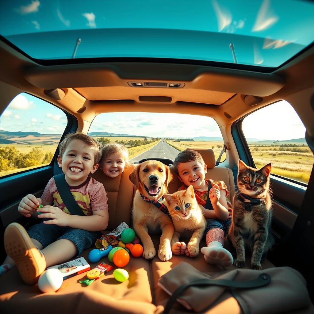 A joyful family road trip scene featuring two children in the back seat, smiling and playing with a friendly dog and a curious cat. The car is a colorful, family-friendly vehicle parked on a scenic highway under a bright blue sky. In the foreground, the children are animated, with toys and snacks scattered around them. The middle ground showcases the open road lined with lush green trees and rolling hills. In the background, a distant horizon with fluffy white clouds creates an inviting atmosphere. Soft, warm sunlight filters through the car windows, casting playful shadows. Capture a sense of adventure and togetherness, emphasizing the excitement of traveling with pets and kids. A joyful family road trip scene featuring two children in the back seat, smiling and playing with a friendly dog and a curious cat. The car is a colorful, family-friendly vehicle parked on a scenic highway under a bright blue sky. In the foreground, the children are animated, with toys and snacks scattered around them. The middle ground showcases the open road lined with lush green trees and rolling hills. In the background, a distant horizon with fluffy white clouds creates an inviting atmosphere. Soft, warm sunlight filters through the car windows, casting playful shadows. Capture a sense of adventure and togetherness, emphasizing the excitement of traveling with pets and kids.