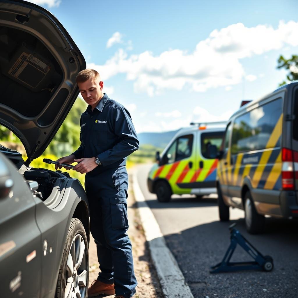 A mechanic's assistance service scene set on a busy roadside in Brazil. In the foreground, a professional mechanic in a dark blue uniform is inspecting a car with the hood open, tools in hand. In the middle ground, a service vehicle with the company logo is parked nearby, showcasing necessary equipment like a jack and spare parts. In the background, a vibrant Brazilian landscape with lush greenery and a clear blue sky, creating a sense of location and context. The lighting is bright and natural, suggesting mid-morning. The mood is reassuring and professional, highlighting trust and reliability in mechanical assistance. The composition should be framed with a slightly low angle, emphasizing the mechanic's expertise and the teamwork involved in roadside assistance.