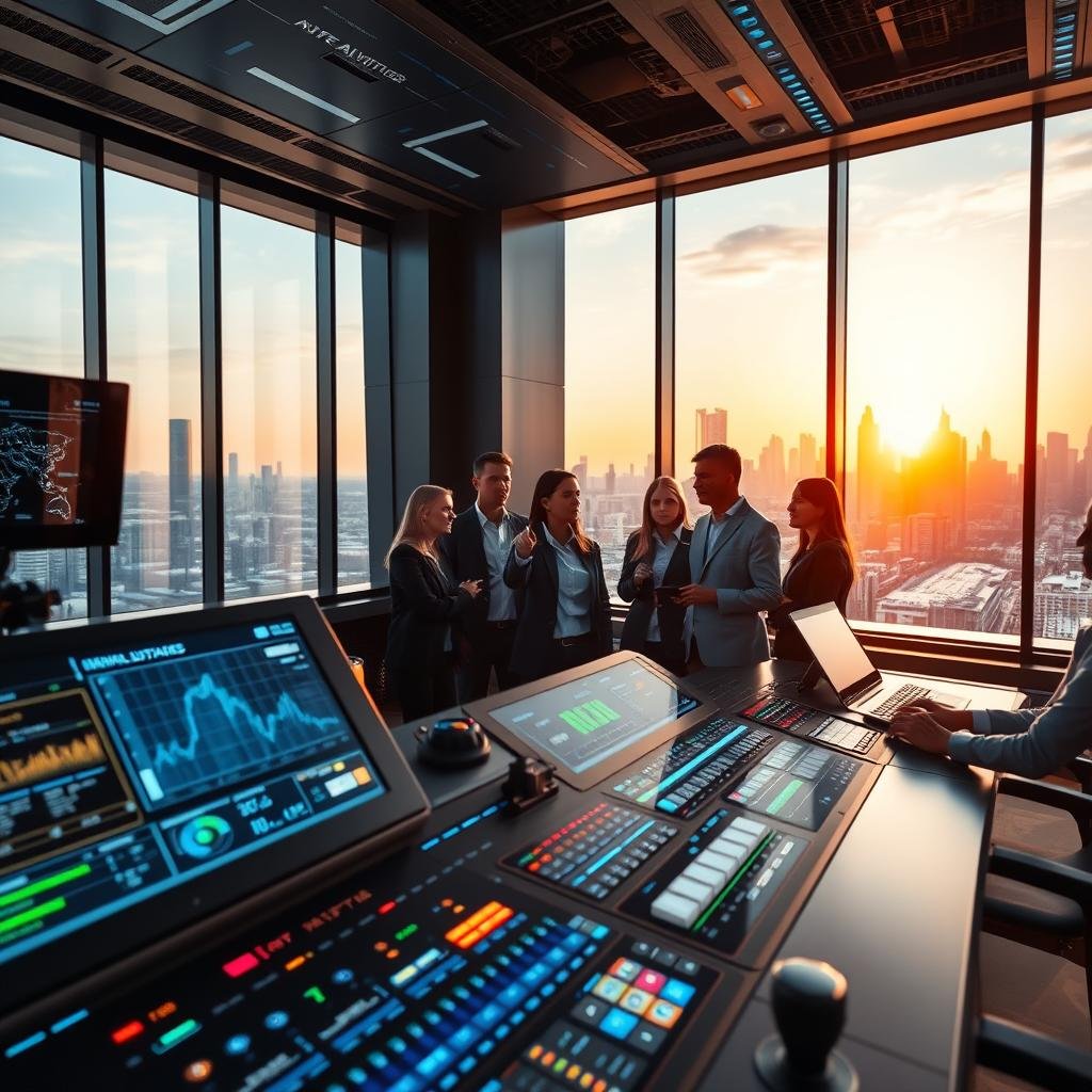 A modern control room for speed automation, featuring state-of-the-art technology. In the foreground, an intricate control panel with digital displays and holographic interfaces showing real-time data analytics. In the middle ground, a diverse team of engineers in professional attire collaborating, pointing at screens with focused expressions. The background showcases large windows with a futuristic city skyline, under a radiant sunset providing warm, ambient lighting. The overall atmosphere is innovative and forward-thinking, reflecting a sense of progress. Use a wide angle lens to capture depth, with a slight bokeh effect on the background, emphasizing the team's interaction and the advanced technology in clear detail. A modern control room for speed automation, featuring state-of-the-art technology. In the foreground, an intricate control panel with digital displays and holographic interfaces showing real-time data analytics. In the middle ground, a diverse team of engineers in professional attire collaborating, pointing at screens with focused expressions. The background showcases large windows with a futuristic city skyline, under a radiant sunset providing warm, ambient lighting. The overall atmosphere is innovative and forward-thinking, reflecting a sense of progress. Use a wide angle lens to capture depth, with a slight bokeh effect on the background, emphasizing the team's interaction and the advanced technology in clear detail.