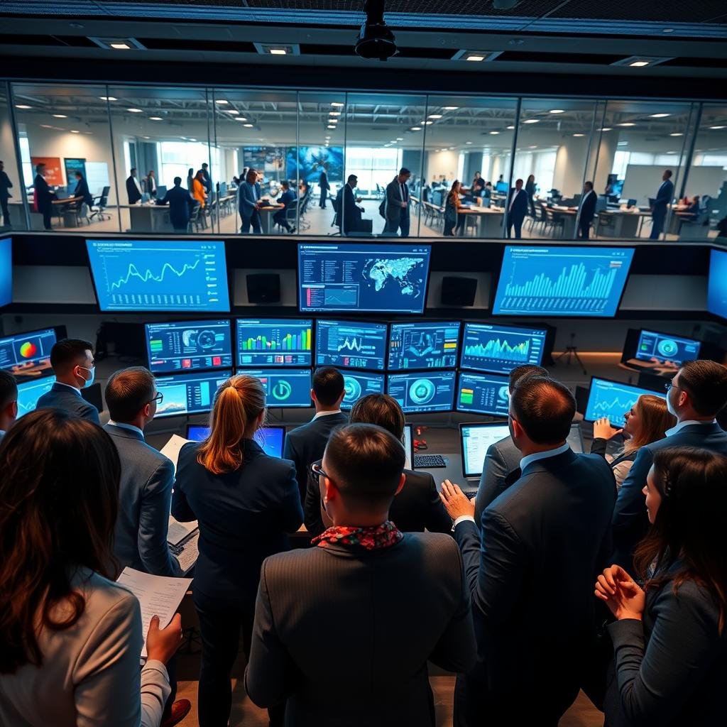 A modern control room with multiple large monitors displaying real-time data and analytics. In the foreground, a diverse group of professionals in business attire intently observes the screens, taking notes and discussing strategies. The middle section features high-tech monitor setups showcasing graphs, maps, and live statistics, illuminated by soft blue and green LED lighting that adds a futuristic feel. In the background, glass walls reveal a busy office space, with professionals collaborating and exchanging information. The mood is focused and intense, emphasizing the importance of real-time monitoring in decision-making processes. The scene is captured with a wide-angle lens, highlighting the dynamic interaction among team members and their technology in a sleek, contemporary environment.