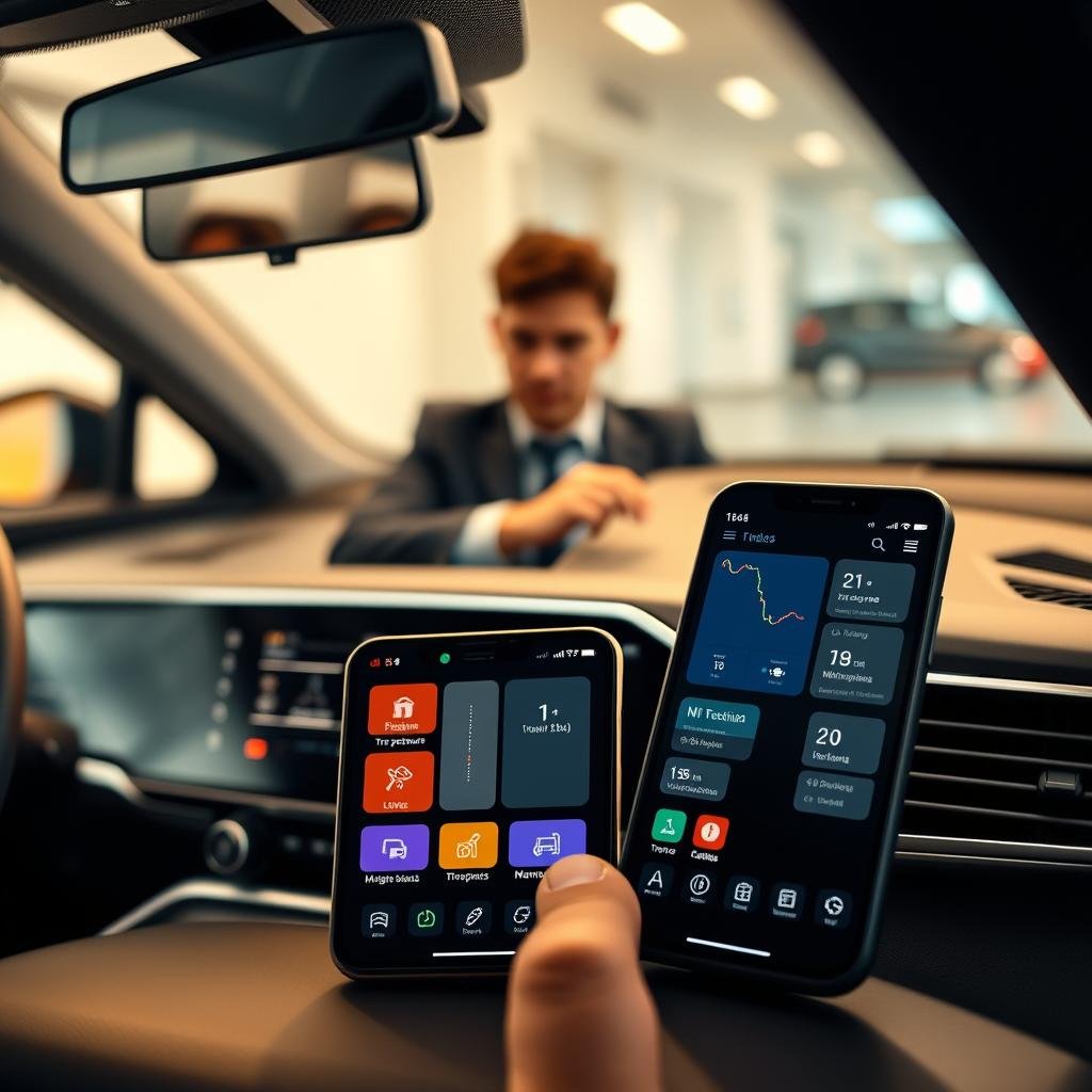 A modern dashboard view of a vehicle's infotainment system showing various vehicle maintenance apps. In the foreground, a smartphone displays detailed analytics regarding tire pressure, oil levels, and maintenance schedules, with colorful app icons clearly visible. In the middle, a blurred image of a professional driver, dressed in business casual attire, is seen interacting with the apps, highlighting an engaging workflow. The background features a sleek car interior with soft ambient lighting, emphasizing a clean and organized space. The atmosphere conveys a sense of efficiency, reliability, and advanced technology, with a warm color palette that enhances the focus on the digital tools for vehicle management. The angle is slightly top-down, capturing both the smartphone and elements of the dashboard in a harmonious composition. A modern dashboard view of a vehicle's infotainment system showing various vehicle maintenance apps. In the foreground, a smartphone displays detailed analytics regarding tire pressure, oil levels, and maintenance schedules, with colorful app icons clearly visible. In the middle, a blurred image of a professional driver, dressed in business casual attire, is seen interacting with the apps, highlighting an engaging workflow. The background features a sleek car interior with soft ambient lighting, emphasizing a clean and organized space. The atmosphere conveys a sense of efficiency, reliability, and advanced technology, with a warm color palette that enhances the focus on the digital tools for vehicle management. The angle is slightly top-down, capturing both the smartphone and elements of the dashboard in a harmonious composition.