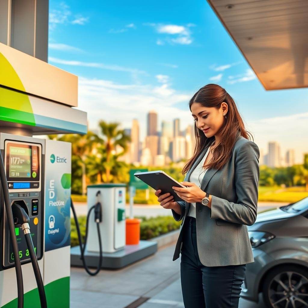 A modern fuel station in Brazil showcasing trends in the fuel sector. In the foreground, sleek fuel pumps with digital displays and eco-friendly signage. In the middle ground, a variety of alternative fuel options like electric charging stations and biofuel dispensers, surrounded by greenery. The background features a vibrant city skyline under a clear blue sky, symbolizing innovation and growth. Soft, warm lighting bathes the scene, creating an inviting atmosphere. A professional businesswoman in smart casual attire examines a digital tablet, reflecting a focus on technology and sustainability. The composition captures a balance of urban development and environmental consciousness, illustrating the future of fuel stations. A modern fuel station in Brazil showcasing trends in the fuel sector. In the foreground, sleek fuel pumps with digital displays and eco-friendly signage. In the middle ground, a variety of alternative fuel options like electric charging stations and biofuel dispensers, surrounded by greenery. The background features a vibrant city skyline under a clear blue sky, symbolizing innovation and growth. Soft, warm lighting bathes the scene, creating an inviting atmosphere. A professional businesswoman in smart casual attire examines a digital tablet, reflecting a focus on technology and sustainability. The composition captures a balance of urban development and environmental consciousness, illustrating the future of fuel stations.