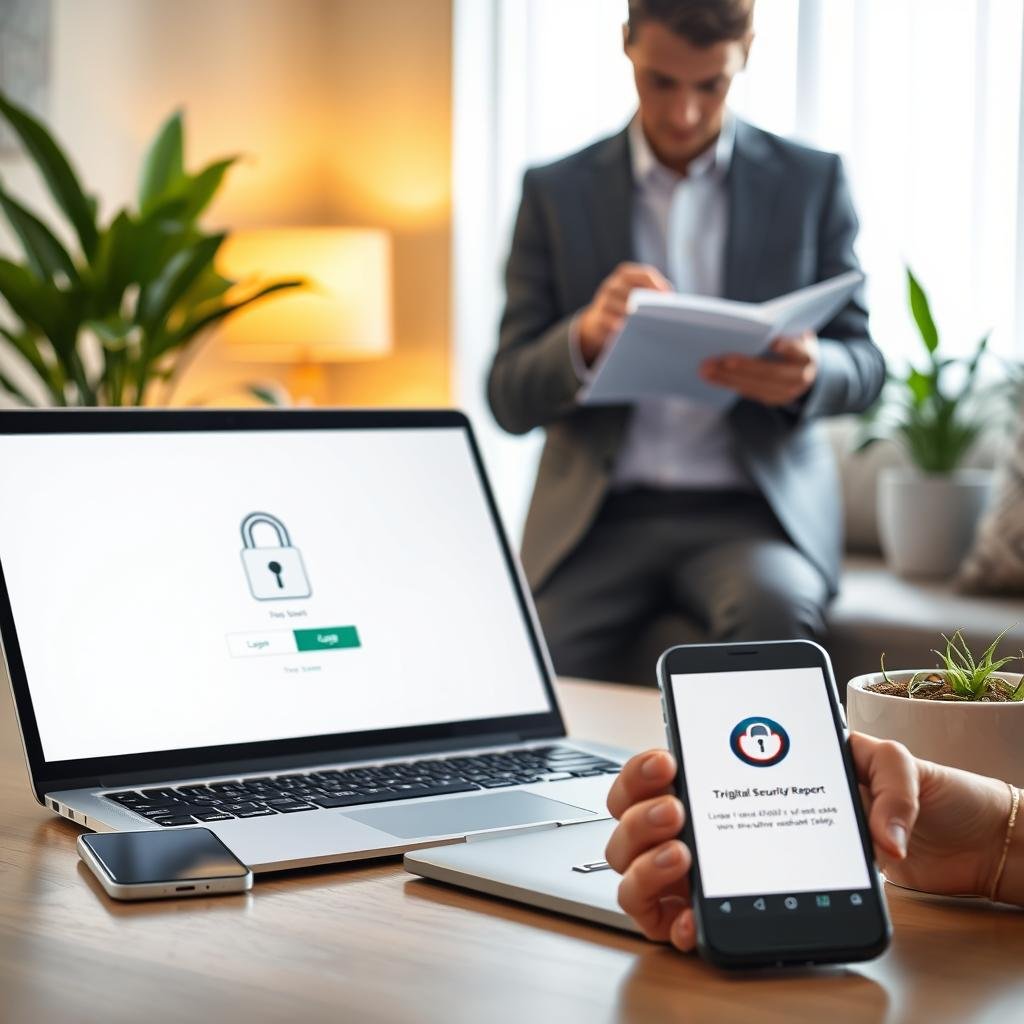 A modern home office setting depicting digital security for home and family. In the foreground, a sleek laptop is open, displaying a secure login screen with a padlock icon. Beside it, a smartphone shows a two-factor authentication app. In the middle ground, a person in professional attire is examining a digital security report on a notepad. The background features a cozy room with soft lighting, emphasizing a safe and inviting atmosphere. Green plants are placed around to symbolize growth and protection. The lighting is warm and focused on the laptop, casting gentle shadows that highlight the importance of vigilance in digital safety. The overall mood is proactive and informative, reflecting security and trust in protecting personal data. A modern home office setting depicting digital security for home and family. In the foreground, a sleek laptop is open, displaying a secure login screen with a padlock icon. Beside it, a smartphone shows a two-factor authentication app. In the middle ground, a person in professional attire is examining a digital security report on a notepad. The background features a cozy room with soft lighting, emphasizing a safe and inviting atmosphere. Green plants are placed around to symbolize growth and protection. The lighting is warm and focused on the laptop, casting gentle shadows that highlight the importance of vigilance in digital safety. The overall mood is proactive and informative, reflecting security and trust in protecting personal data.