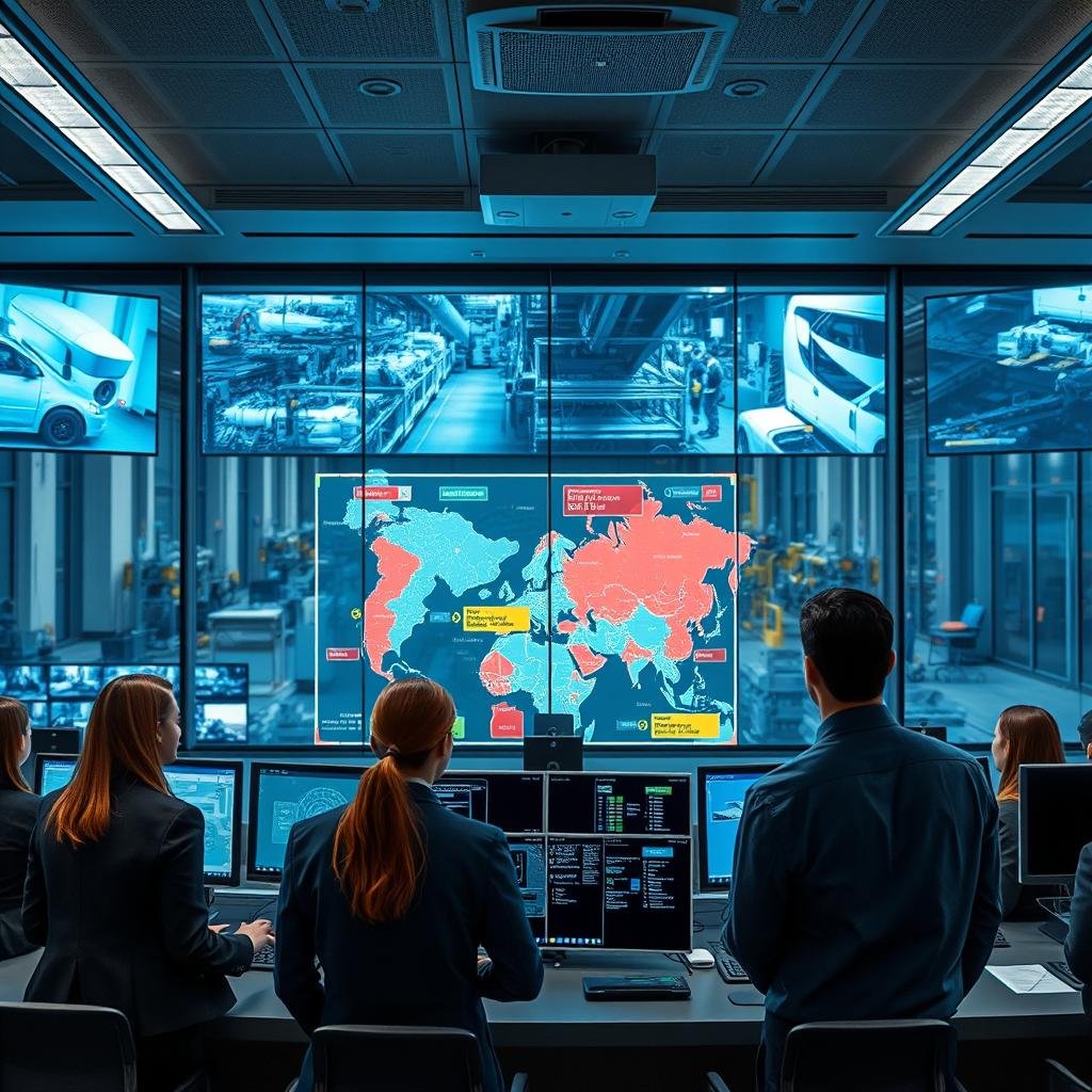 A modern industrial security monitoring system, featuring a sleek control room filled with high-tech monitors displaying real-time surveillance feeds. In the foreground, a diverse team of professionals in business attire analyze data on screens, demonstrating a proactive approach to safety. The middle ground showcases a large digital map with highlighted areas indicating risk levels in various industrial zones. In the background, glass panels reveal a bustling corporate environment, with machinery and employees working efficiently. Soft overhead lighting creates a focused atmosphere, casting a professional glow throughout the room. The image conveys a sense of vigilance and readiness, emphasizing the importance of swift accident response through advanced monitoring technologies.