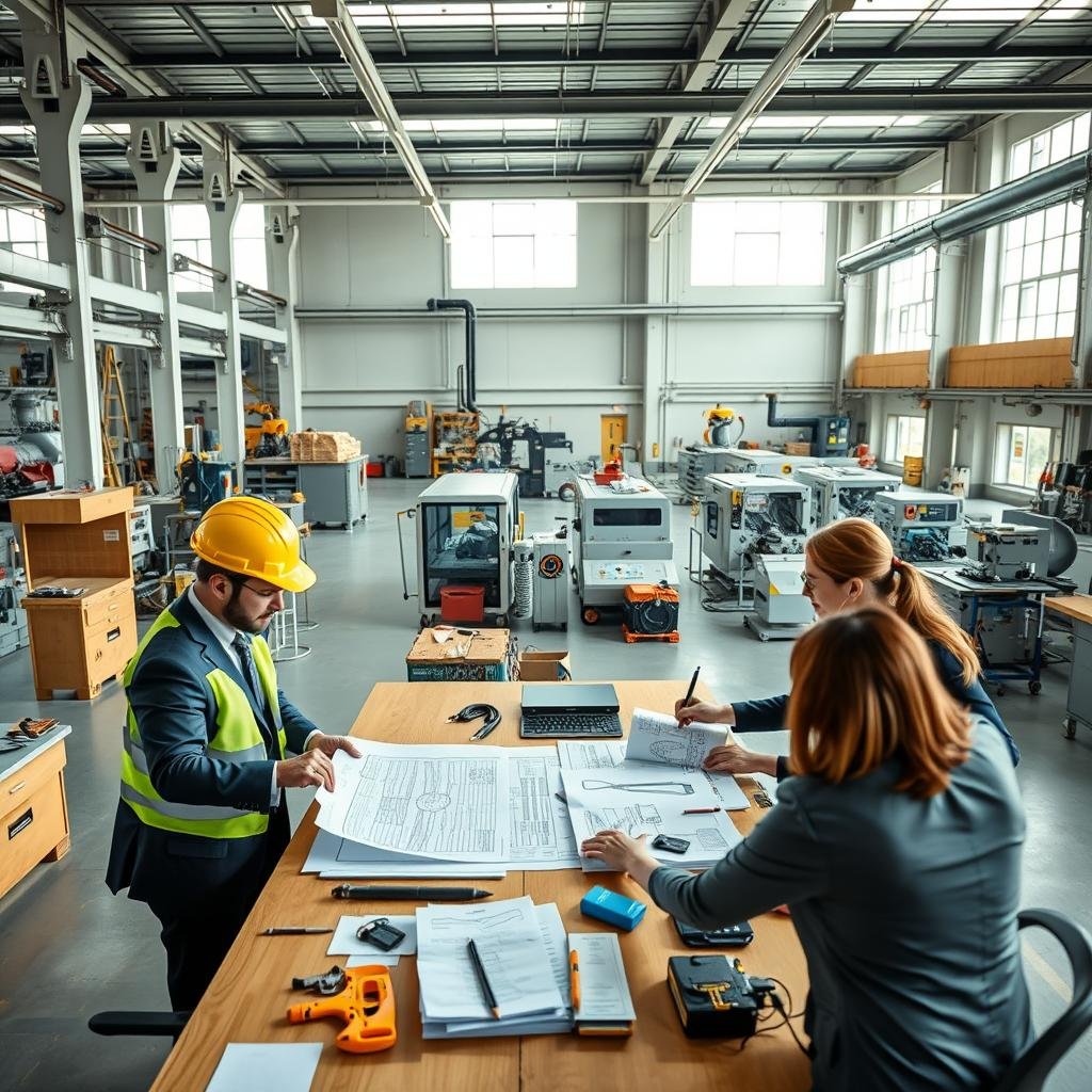 A modern industrial setting showcasing best practices for executing scheduled maintenance stops. In the foreground, a diverse group of professionals in business attire, including a man in a suit with a hard hat and a woman in safety gear, actively reviewing blueprints and discussing plans around a large table. In the middle, a well-organized workshop with various tools, machines, and maintenance equipment, all meticulously arranged for efficiency. The background features a clean and brightly lit factory floor, with visible machines paused for maintenance, and safety signage. The atmosphere is focused and collaborative, with natural light streaming through large windows, creating an optimistic and productive mood. The overall composition is dynamic, emphasizing teamwork and strategic planning. A modern industrial setting showcasing best practices for executing scheduled maintenance stops. In the foreground, a diverse group of professionals in business attire, including a man in a suit with a hard hat and a woman in safety gear, actively reviewing blueprints and discussing plans around a large table. In the middle, a well-organized workshop with various tools, machines, and maintenance equipment, all meticulously arranged for efficiency. The background features a clean and brightly lit factory floor, with visible machines paused for maintenance, and safety signage. The atmosphere is focused and collaborative, with natural light streaming through large windows, creating an optimistic and productive mood. The overall composition is dynamic, emphasizing teamwork and strategic planning.