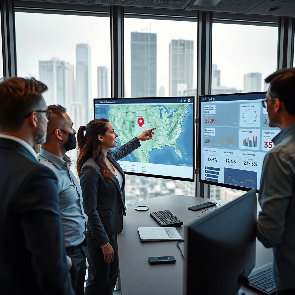 A modern logistics control room filled with professional individuals analyzing data on large screens displaying dynamic maps and delivery statistics. In the foreground, a diverse group of three business professionals, dressed in smart casual attire, engage in discussion while pointing at a digital map highlighting optimized delivery routes. In the middle ground, sleek monitors showcase graphs and analytics representing cost reductions and efficiency metrics. The background features large windows with a cityscape view, providing natural light that enhances a focused and determined atmosphere. The image conveys a sense of innovation and teamwork, emphasizing the importance of data intelligence in operational cost reduction. Soft, balanced lighting ensures clarity and highlights the professionalism of the setting. A modern logistics control room filled with professional individuals analyzing data on large screens displaying dynamic maps and delivery statistics. In the foreground, a diverse group of three business professionals, dressed in smart casual attire, engage in discussion while pointing at a digital map highlighting optimized delivery routes. In the middle ground, sleek monitors showcase graphs and analytics representing cost reductions and efficiency metrics. The background features large windows with a cityscape view, providing natural light that enhances a focused and determined atmosphere. The image conveys a sense of innovation and teamwork, emphasizing the importance of data intelligence in operational cost reduction. Soft, balanced lighting ensures clarity and highlights the professionalism of the setting.