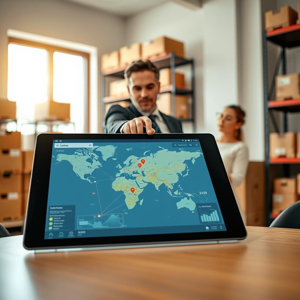 A modern logistics planning tool interface displayed on a sleek tablet, set on a professional workspace desk. The foreground features the tablet prominently, showcasing a detailed map with highlighted optimized delivery routes, icons for vehicles and locations, and analytics graphs. In the middle, a logistics manager in professional business attire points at the tablet, focused and engaged in discussion with a colleague who is taking notes on a notepad. The background features an office environment with shelves of organized shipping boxes and a large window allowing natural light to fill the room, creating a bright and productive atmosphere. The scene captures the collaborative effort of planning and strategizing logistics solutions, emphasizing efficiency and innovation in delivery routes. A modern logistics planning tool interface displayed on a sleek tablet, set on a professional workspace desk. The foreground features the tablet prominently, showcasing a detailed map with highlighted optimized delivery routes, icons for vehicles and locations, and analytics graphs. In the middle, a logistics manager in professional business attire points at the tablet, focused and engaged in discussion with a colleague who is taking notes on a notepad. The background features an office environment with shelves of organized shipping boxes and a large window allowing natural light to fill the room, creating a bright and productive atmosphere. The scene captures the collaborative effort of planning and strategizing logistics solutions, emphasizing efficiency and innovation in delivery routes.