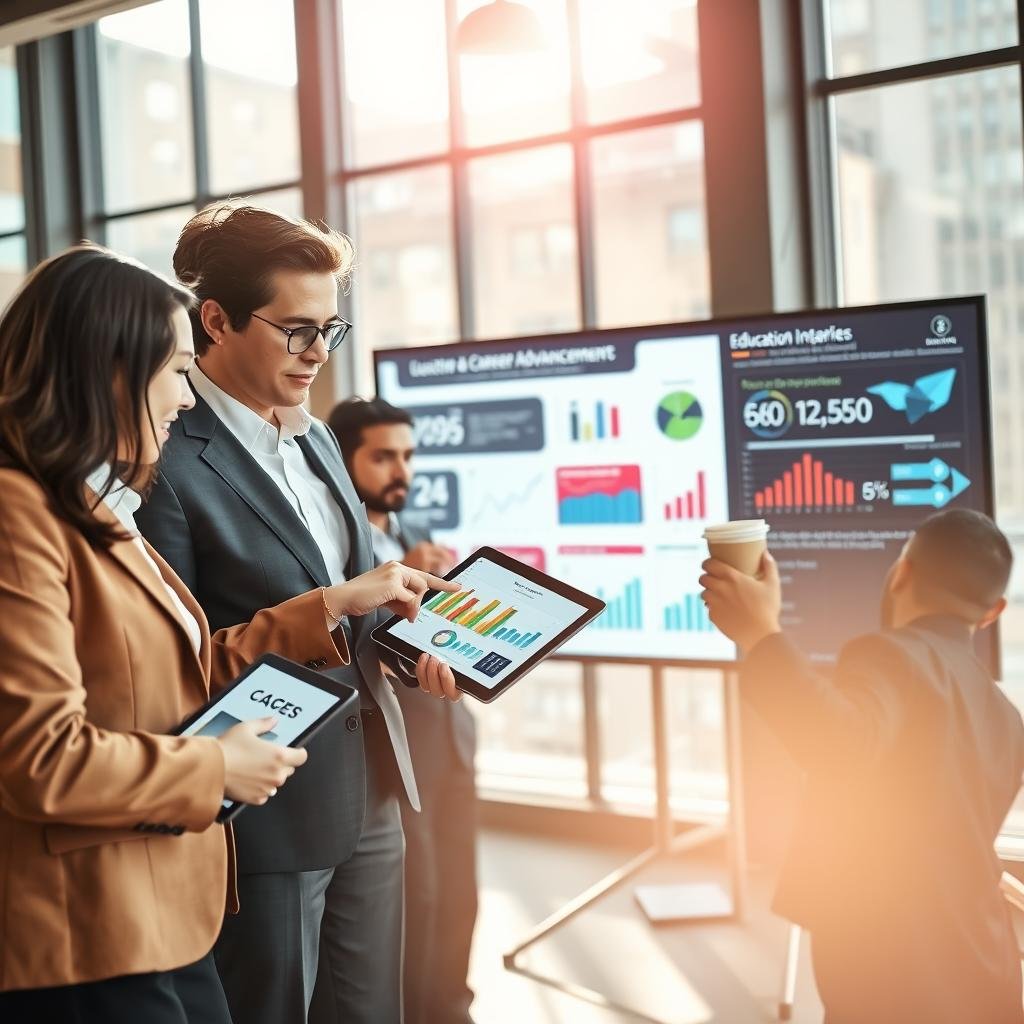 A modern office environment where a diverse group of professionals is engaged in a dynamic discussion. In the foreground, a businesswoman in a tailored suit points at a digital tablet displaying colorful graphs, illustrating the latest data trends. Peering over her shoulder, a man in smart casual attire, holding a coffee cup, listens intently. In the middle ground, a large screen shows visuals related to education and career advancements, with vibrant infographics and flowing data streams symbolizing constant updates. The background features large windows with sunlight streaming in, casting a warm glow over the scene, enhancing a sense of productivity and collaboration. The atmosphere is dynamic and engaging, with an emphasis on the impact of updated information on professional growth. Use soft focus for depth and a slight aerial perspective to capture the entire setting. A modern office environment where a diverse group of professionals is engaged in a dynamic discussion. In the foreground, a businesswoman in a tailored suit points at a digital tablet displaying colorful graphs, illustrating the latest data trends. Peering over her shoulder, a man in smart casual attire, holding a coffee cup, listens intently. In the middle ground, a large screen shows visuals related to education and career advancements, with vibrant infographics and flowing data streams symbolizing constant updates. The background features large windows with sunlight streaming in, casting a warm glow over the scene, enhancing a sense of productivity and collaboration. The atmosphere is dynamic and engaging, with an emphasis on the impact of updated information on professional growth. Use soft focus for depth and a slight aerial perspective to capture the entire setting.