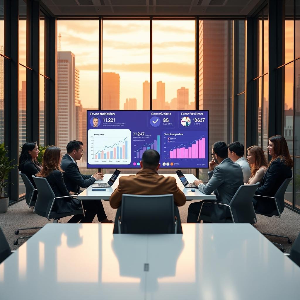 A modern office environment with a focus on personalized communication. In the foreground, a diverse group of professionals dressed in smart casual attire is engaged in a discussion around a sleek conference table, with digital devices showcasing customized notifications. In the middle ground, large screens display vibrant graphs and client engagement metrics, suggesting innovative strategies. The background features large windows with a cityscape view, filled with warm, natural lighting creating an inviting atmosphere. The overall mood is collaborative and forward-thinking, emphasizing the connection between technology and customer relationships, highlighting trends in future communications. The image should evoke a sense of progress and creativity, with dynamic lines and a clean, modern aesthetic.