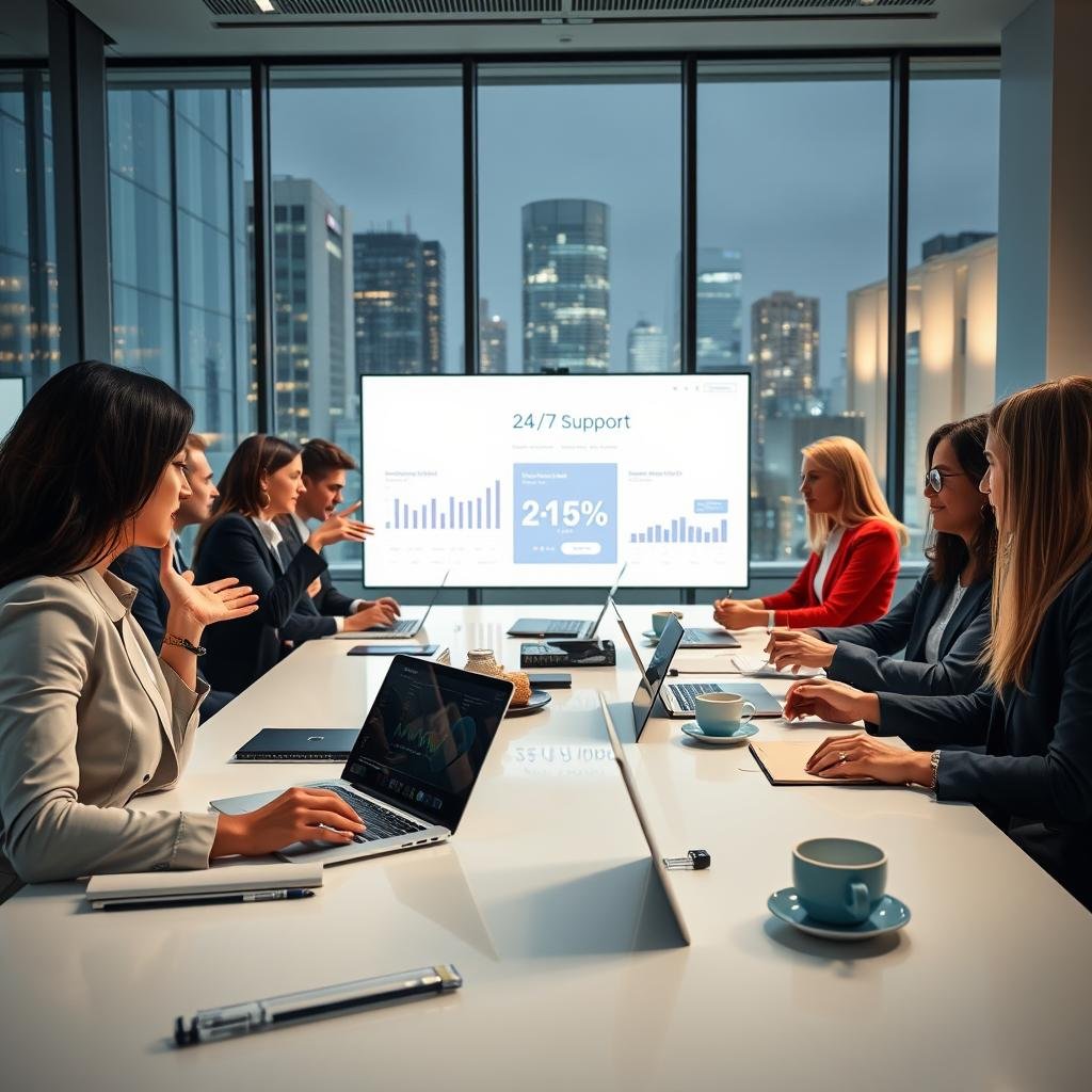 A modern office scene illustrating continuous support culture, featuring a diverse team of professionals in business attire, actively collaborating at a sleek conference table laden with laptops, notepads, and coffee cups. In the foreground, a focused female team member gestures towards a digital display showing 24/7 support analytics. The middle scene shows engaged colleagues exchanging ideas, with soft lighting creating a warm and inviting atmosphere. In the background, large windows reveal a night cityscape, emphasizing the round-the-clock service mindset. The overall mood is dynamic and supportive, symbolizing teamwork and dedicated availability. Use a wide-angle lens for a spacious feel, with natural light enhancing the inviting ambiance. A modern office scene illustrating continuous support culture, featuring a diverse team of professionals in business attire, actively collaborating at a sleek conference table laden with laptops, notepads, and coffee cups. In the foreground, a focused female team member gestures towards a digital display showing 24/7 support analytics. The middle scene shows engaged colleagues exchanging ideas, with soft lighting creating a warm and inviting atmosphere. In the background, large windows reveal a night cityscape, emphasizing the round-the-clock service mindset. The overall mood is dynamic and supportive, symbolizing teamwork and dedicated availability. Use a wide-angle lens for a spacious feel, with natural light enhancing the inviting ambiance.