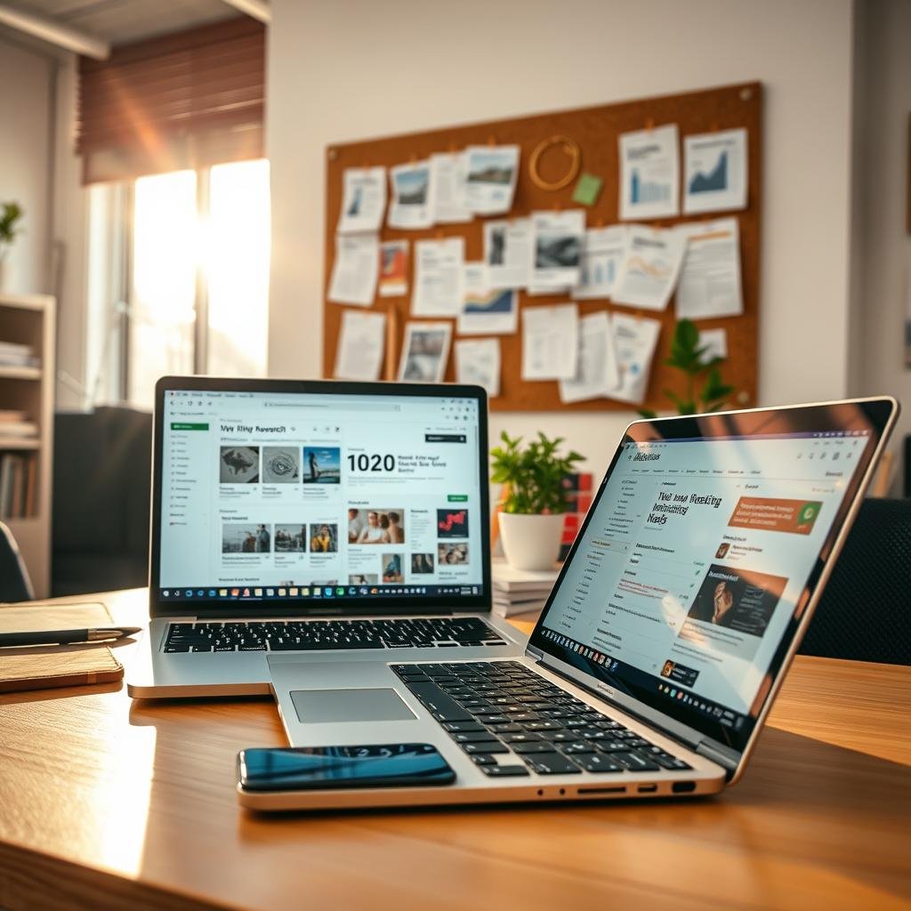A modern office workspace filled with essential tools for accessing updated information. In the foreground, a sleek laptop is open, displaying various tabs showcasing data analytics, news articles, and research tools. A smartphone rests beside it, showing a notification alert for breaking news. In the middle, a corkboard covered with pinned articles and infographics conveys a sense of ongoing research. The background features a bright window with sunlight pouring in, illuminating a neatly organized desk with stationery and a plant, creating a fresh and inviting atmosphere. The overall mood is one of professionalism and productivity, captured with warm, natural lighting to emphasize clarity and focus, as if taken with a 35mm lens at eye level. A modern office workspace filled with essential tools for accessing updated information. In the foreground, a sleek laptop is open, displaying various tabs showcasing data analytics, news articles, and research tools. A smartphone rests beside it, showing a notification alert for breaking news. In the middle, a corkboard covered with pinned articles and infographics conveys a sense of ongoing research. The background features a bright window with sunlight pouring in, illuminating a neatly organized desk with stationery and a plant, creating a fresh and inviting atmosphere. The overall mood is one of professionalism and productivity, captured with warm, natural lighting to emphasize clarity and focus, as if taken with a 35mm lens at eye level.