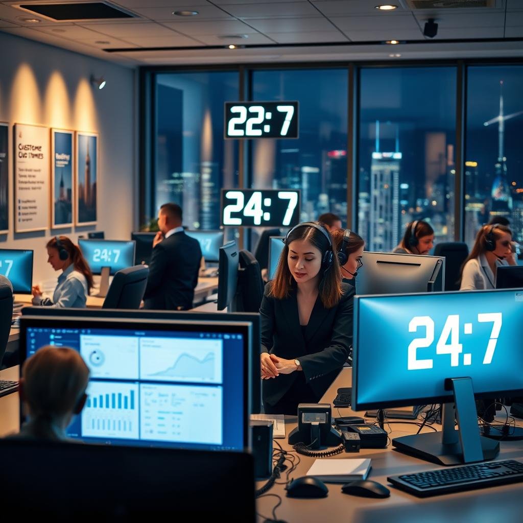 A modern, professional customer support center during nighttime, showcasing a diverse team of well-dressed support staff, including a woman in business attire assisting a client on a computer. The forefront features a glowing monitor displaying charts and support tickets. In the middle, several desks are organized with headsets and communication devices, while a large digital clock on the wall shows "24/7". The background reveals a softly illuminated room with motivational posters and large windows showing a city skyline at night. Soft, warm lighting enhances a mood of professionalism and reliability, creating an atmosphere that conveys the commitment to continuous service and the challenges of maintaining operational efficiency in support services. A modern, professional customer support center during nighttime, showcasing a diverse team of well-dressed support staff, including a woman in business attire assisting a client on a computer. The forefront features a glowing monitor displaying charts and support tickets. In the middle, several desks are organized with headsets and communication devices, while a large digital clock on the wall shows "24/7". The background reveals a softly illuminated room with motivational posters and large windows showing a city skyline at night. Soft, warm lighting enhances a mood of professionalism and reliability, creating an atmosphere that conveys the commitment to continuous service and the challenges of maintaining operational efficiency in support services.