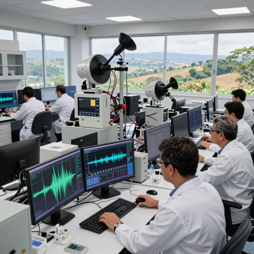 A modern seismology laboratory bustling with activity in the foreground, featuring scientists in professional attire analyzing seismic data on multiple screens. The middle ground displays state-of-the-art seismographs and sensors, with intricate wiring and displays showing real-time data about tectonic movements. In the background, there are large windows revealing a panoramic view of a Brazilian landscape, emphasizing the natural environment being monitored. The lighting is bright and illuminating, showcasing a sense of urgency and collaboration among the scientists. The mood is dynamic yet professional, reflecting the importance of partnerships in earthquake early warning technology.