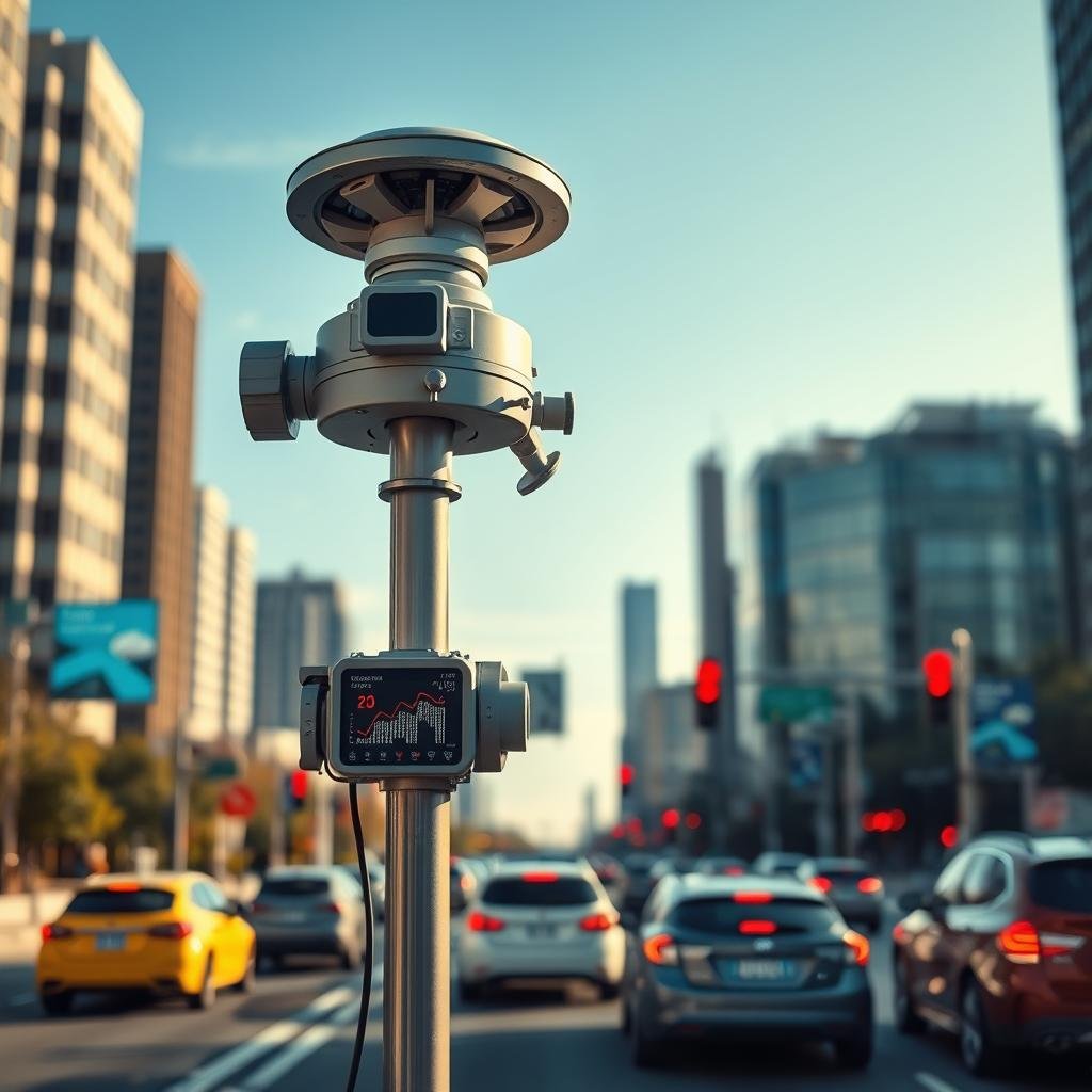 A modern traffic radar device mounted on a sleek pole, prominently featured in the foreground, surrounded by high-tech components and sensors. In the middle ground, a vibrant city street scene showcases vehicles passing by under a clear blue sky, with digital display screens hinting at real-time data processing and speed monitoring. The background includes urban elements like tall buildings and distant traffic lights, emphasizing the smart technology integration in urban planning. Soft natural lighting highlights the sleek design of the radar, creating a futuristic and innovative atmosphere. Capture the essence of technological advancement in traffic enforcement, conveying a sense of safety and modernization.