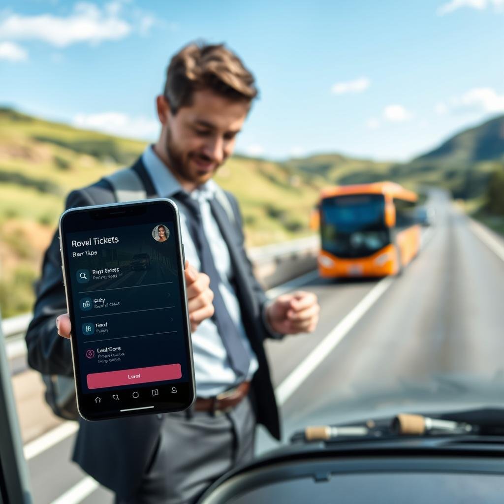 A modern travel technology scene focusing on road trip applications. In the foreground, a smartphone displaying a sleek travel app interface highlighting bus ticket purchasing options. The middle ground features a traveler, dressed in professional attire, examining the app with a thoughtful expression. In the background, a scenic highway is visible with a bus driving, surrounded by lush green landscapes and blue skies. Soft natural lighting illuminates the scene, emphasizing the connection between technology and travel. The angle is slightly above eye level, providing a clear view of the app on the phone and the traveler's engagement. The mood is optimistic and innovative, showcasing the convenience of modern travel solutions.