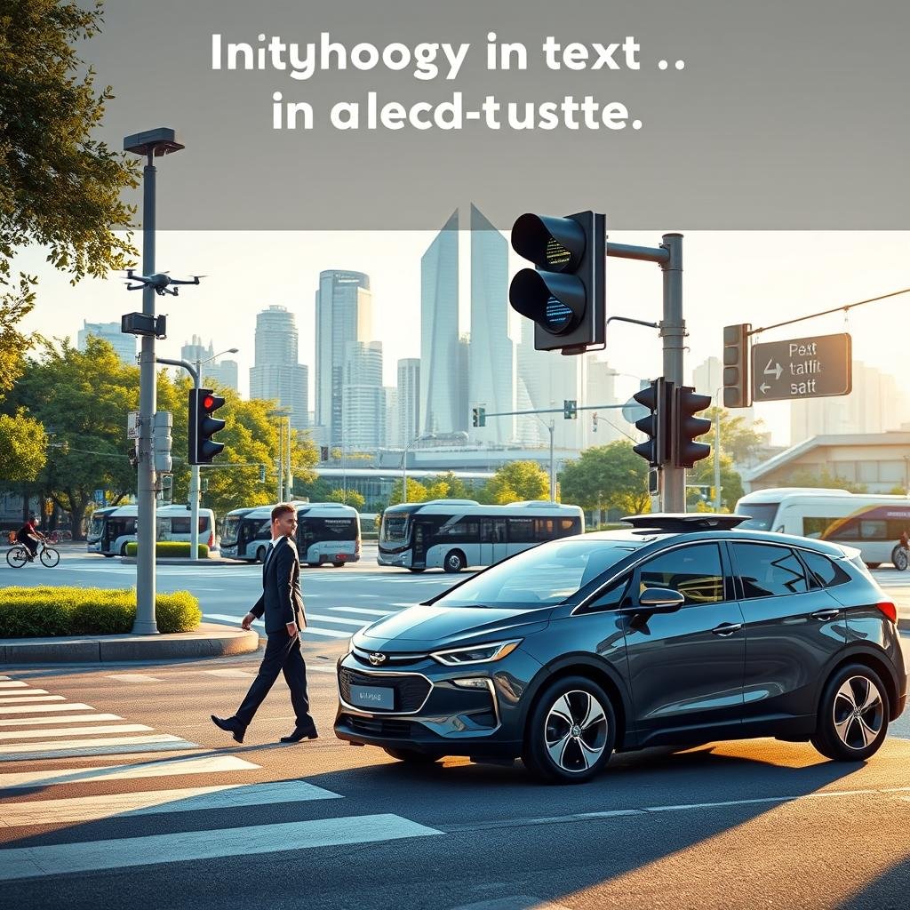 A modern urban scene illustrating "Technology in Road Safety." In the foreground, a sleek self-driving vehicle approaches a smart traffic light equipped with sensors and digital displays. A pedestrian is waiting at the crosswalk, dressed in professional business attire. In the middle ground, a busy intersection showcases high-tech surveillance cameras, drone monitoring, and smart traffic signs. The background features a city skyline with green spaces, electric buses, and cyclists using bike lanes. The scene is illuminated with warm late afternoon sunlight, casting gentle shadows and creating a hopeful atmosphere. Capture the essence of innovation in transportation and safety while emphasizing the harmony between technology and urban life. A modern urban scene illustrating "Technology in Road Safety." In the foreground, a sleek self-driving vehicle approaches a smart traffic light equipped with sensors and digital displays. A pedestrian is waiting at the crosswalk, dressed in professional business attire. In the middle ground, a busy intersection showcases high-tech surveillance cameras, drone monitoring, and smart traffic signs. The background features a city skyline with green spaces, electric buses, and cyclists using bike lanes. The scene is illuminated with warm late afternoon sunlight, casting gentle shadows and creating a hopeful atmosphere. Capture the essence of innovation in transportation and safety while emphasizing the harmony between technology and urban life.