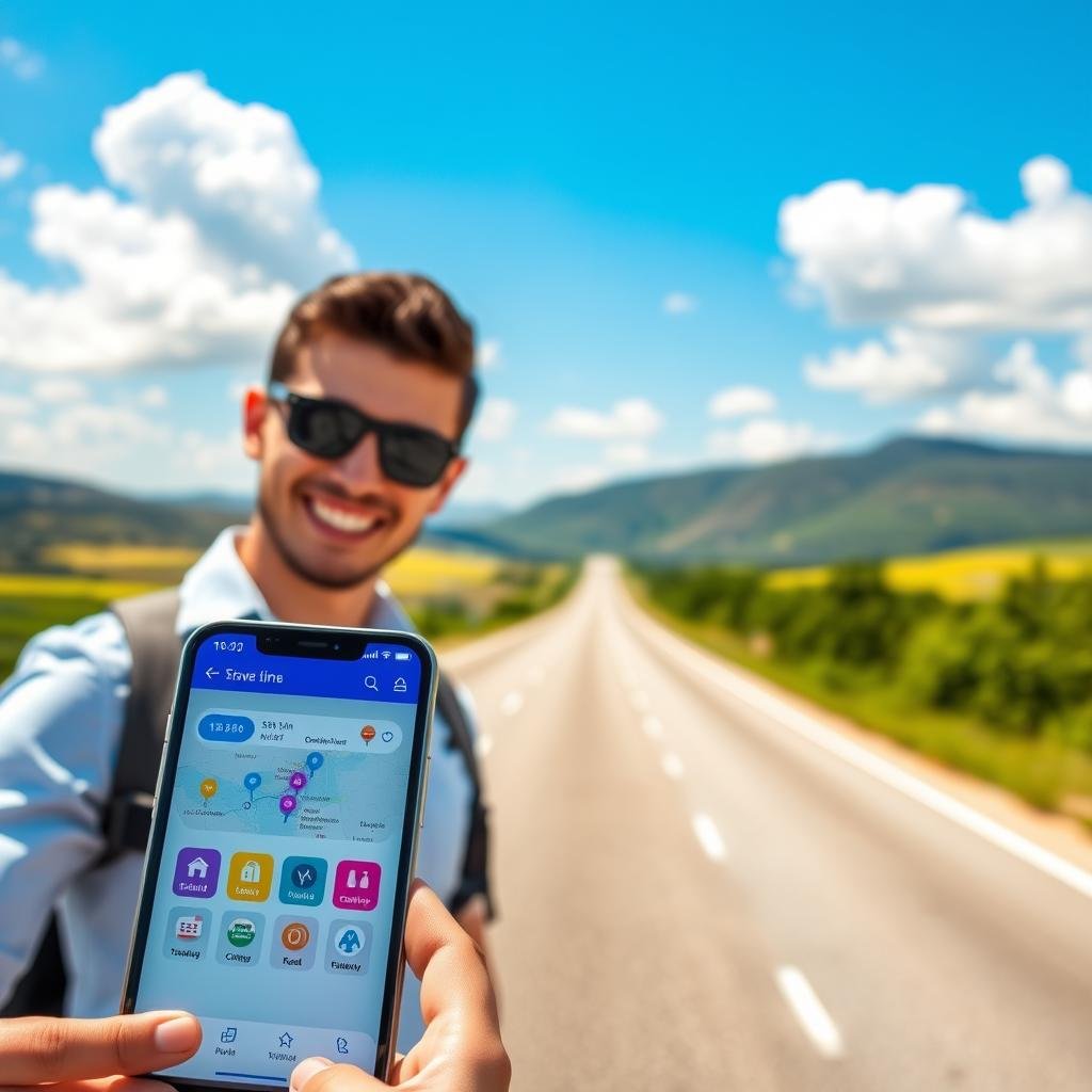 A modern, user-friendly travel app interface displayed on a smartphone, held in the hands of a young professional dressed in smart casual attire. The foreground captures the vibrant colors of the app, showcasing features like route planning, check-in options, and real-time notifications. In the middle ground, a scenic highway stretches into the distance, set against a bright blue sky with fluffy white clouds. The background features rolling hills and roadside greenery, enhancing the sense of travel. The lighting is warm and inviting, suggesting a sunny day perfect for a road trip. The atmosphere is cheerful and optimistic, reflecting the ease and convenience that the travel app brings to planning journeys.