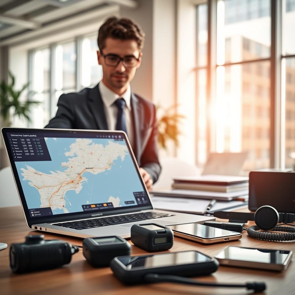 A modern workspace featuring a professional individual, dressed in smart business attire, focused on optimizing geolocation resources on a sleek laptop. The foreground includes a close-up of a digital map on the screen displaying real-time location data and analytics. In the middle ground, there’s a desk cluttered with tech gadgets like GPS devices and smartphone apps, showcasing various geolocation tools. The background features a bright office with large windows, allowing soft natural light to illuminate the scene, creating an inspiring atmosphere. The overall mood is one of productivity and innovation, highlighting the effective use of geolocation technology in a business context. A modern workspace featuring a professional individual, dressed in smart business attire, focused on optimizing geolocation resources on a sleek laptop. The foreground includes a close-up of a digital map on the screen displaying real-time location data and analytics. In the middle ground, there’s a desk cluttered with tech gadgets like GPS devices and smartphone apps, showcasing various geolocation tools. The background features a bright office with large windows, allowing soft natural light to illuminate the scene, creating an inspiring atmosphere. The overall mood is one of productivity and innovation, highlighting the effective use of geolocation technology in a business context.
