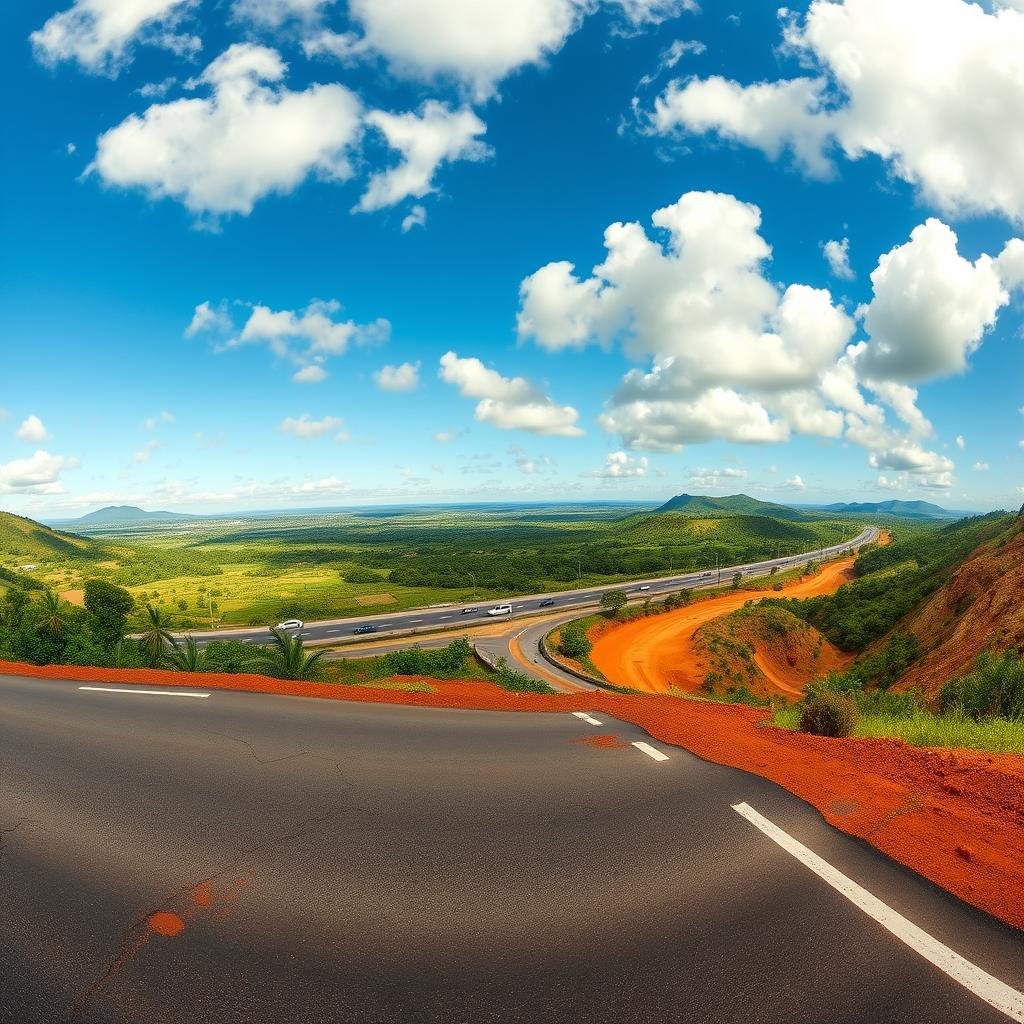 A panoramic view of Brazil's diverse road conditions, showcasing a variety of landscapes. In the foreground, a winding asphalt highway with potholes and cracks, bordered by lush green vegetation typical of the Amazon rainforest and patches of rural farmland. The middle ground features a busy highway with vehicles navigating through different terrains, highlighting areas of well-maintained roads intersecting with rough, dusty trails typical of remote regions. In the background, picturesque hills and mountains under a bright blue sky with scattered clouds. The lighting is warm and inviting, capturing the essence of a sunny day in Brazil. The overall mood conveys a sense of exploration and adventure, underlining the importance of road conditions for travelers. A panoramic view of Brazil's diverse road conditions, showcasing a variety of landscapes. In the foreground, a winding asphalt highway with potholes and cracks, bordered by lush green vegetation typical of the Amazon rainforest and patches of rural farmland. The middle ground features a busy highway with vehicles navigating through different terrains, highlighting areas of well-maintained roads intersecting with rough, dusty trails typical of remote regions. In the background, picturesque hills and mountains under a bright blue sky with scattered clouds. The lighting is warm and inviting, capturing the essence of a sunny day in Brazil. The overall mood conveys a sense of exploration and adventure, underlining the importance of road conditions for travelers.