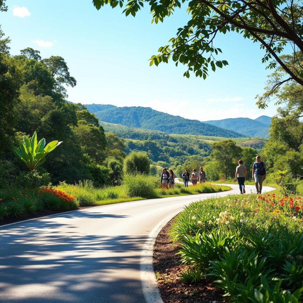 A picturesque Brazilian highway winding through a lush landscape, showcasing vibrant greenery and sustainable practices. In the foreground, a well-maintained road flanked by diverse flora, including native trees and colorful wildflowers. In the middle ground, a group of eco-conscious travelers in modest casual clothing engaging in activities like planting trees and recycling. The background features gentle hills and a clear blue sky, with soft sunlight filtering through the leaves, casting dappled shadows on the road. The overall atmosphere is serene and hopeful, emphasizing the connection between infrastructure and nature, promoting the theme of ecology and sustainability along Brazilian roads. Ensure the image is captured at eye level for an immersive perspective, highlighting the harmonious coexistence of nature and roads. A picturesque Brazilian highway winding through a lush landscape, showcasing vibrant greenery and sustainable practices. In the foreground, a well-maintained road flanked by diverse flora, including native trees and colorful wildflowers. In the middle ground, a group of eco-conscious travelers in modest casual clothing engaging in activities like planting trees and recycling. The background features gentle hills and a clear blue sky, with soft sunlight filtering through the leaves, casting dappled shadows on the road. The overall atmosphere is serene and hopeful, emphasizing the connection between infrastructure and nature, promoting the theme of ecology and sustainability along Brazilian roads. Ensure the image is captured at eye level for an immersive perspective, highlighting the harmonious coexistence of nature and roads.