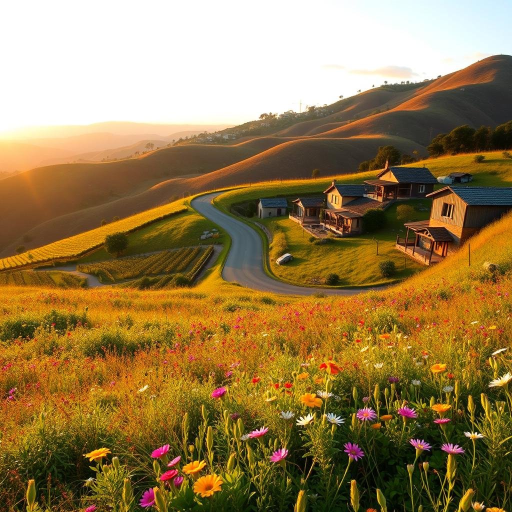 A picturesque scene showcasing the Rota Romântica in Rio Grande do Sul, Brazil, during golden hour. In the foreground, lush green hills dotted with vibrant wildflowers, creating a colorful tapestry. The middle ground features a charming winding road, flanked by quaint, rustic houses reflecting traditional architecture, with some surrounded by vineyards and orchards, emphasizing the region's agricultural richness. In the background, rolling hills transition into a serene sky, painted in hues of orange and pink, casting soft light over the landscape. Capture the essence of tranquility and adventure, emphasizing a peaceful atmosphere. Use a wide-angle lens to encompass the breadth of the landscape, with a subtle depth of field to draw attention to the road, inviting viewers to imagine their journey through this scenic route.
